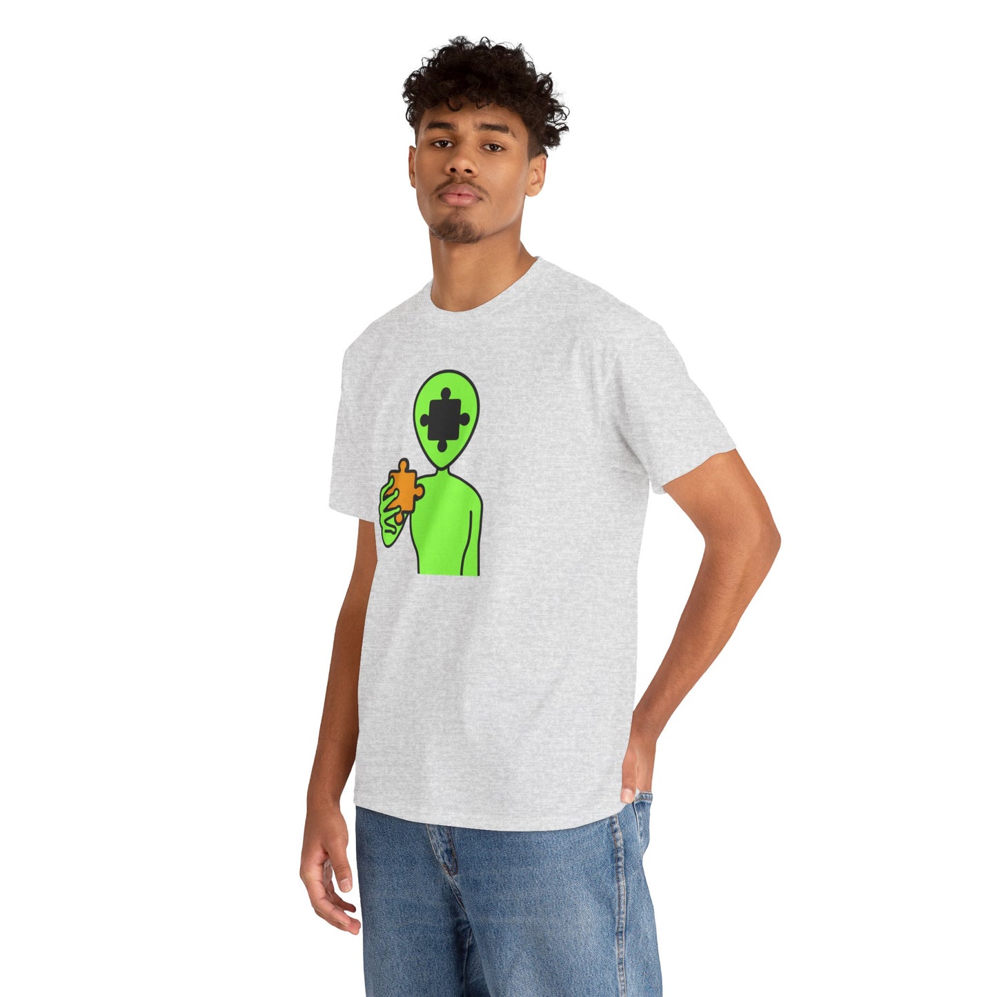 Alien Puzzle Piece T-Shirt – Clean Cosmic Design – Unisex Heavy Cotton Shirt for Life’s Mysteries