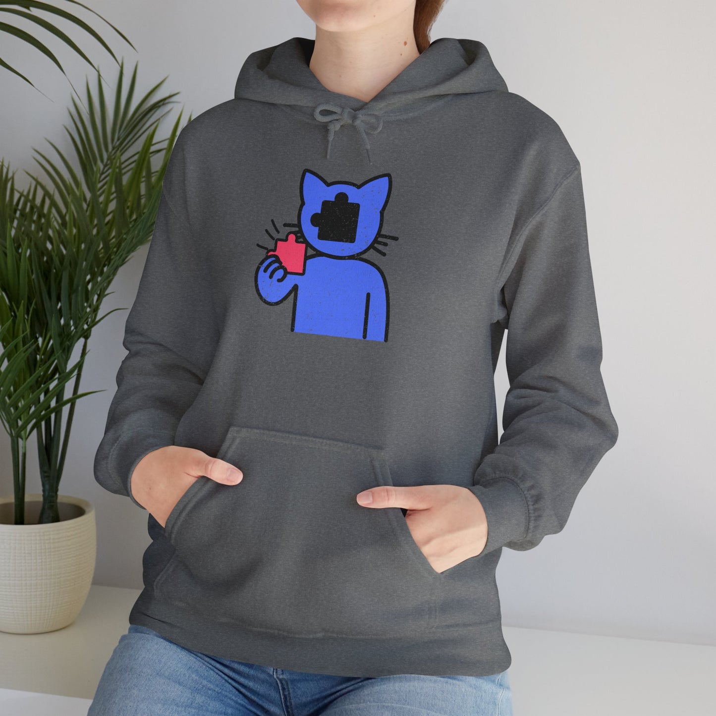 Cat Puzzle Piece Hoodie – Distressed Graphic Pullover – Cozy Unisex Hooded Sweatshirt for Puzzle Lovers