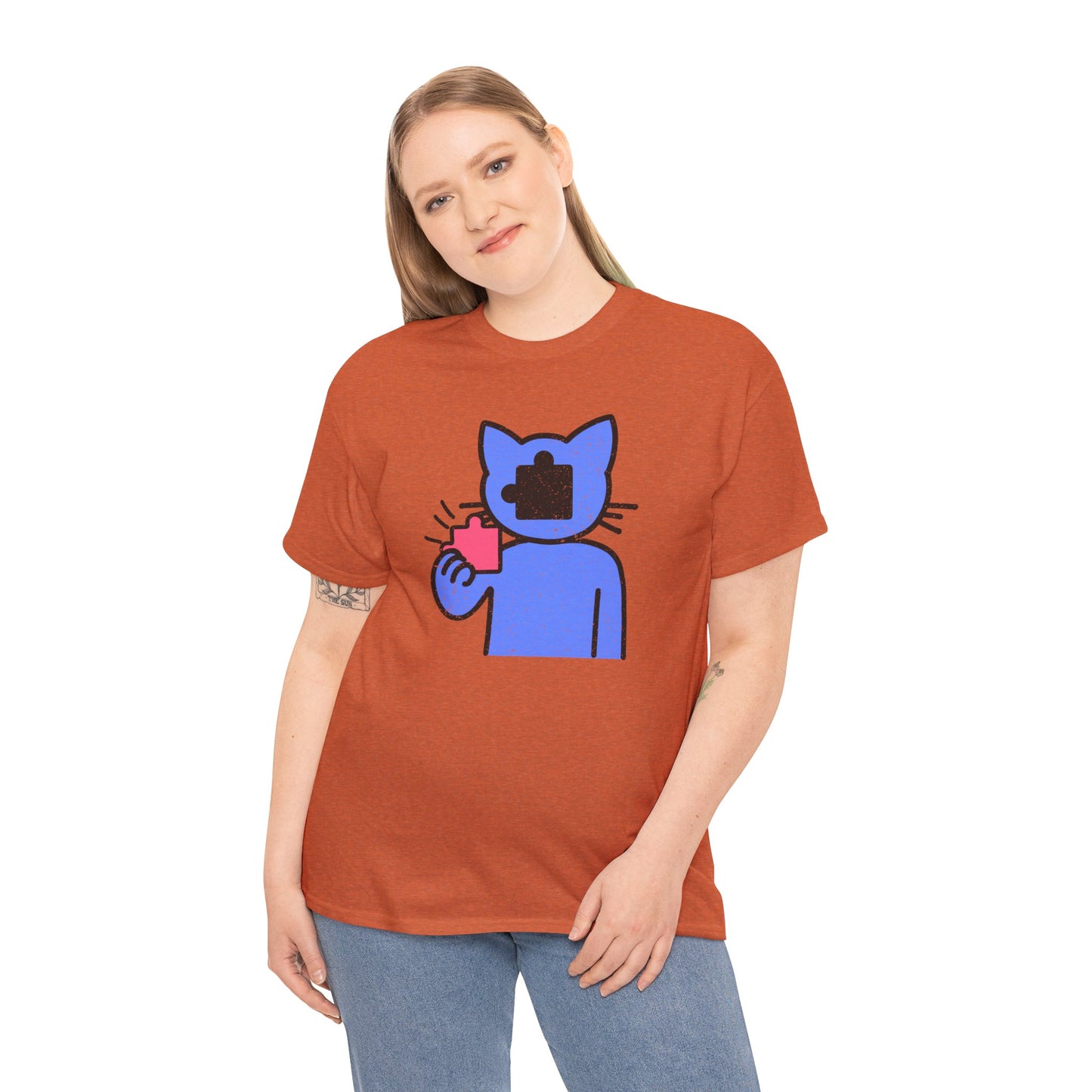 Cat Puzzle Piece T-Shirt – Life’s Epic Journey Distressed Graphic Tee – Unisex Heavy Cotton Shirt – Mix & Match to Create Your Own Unique Style