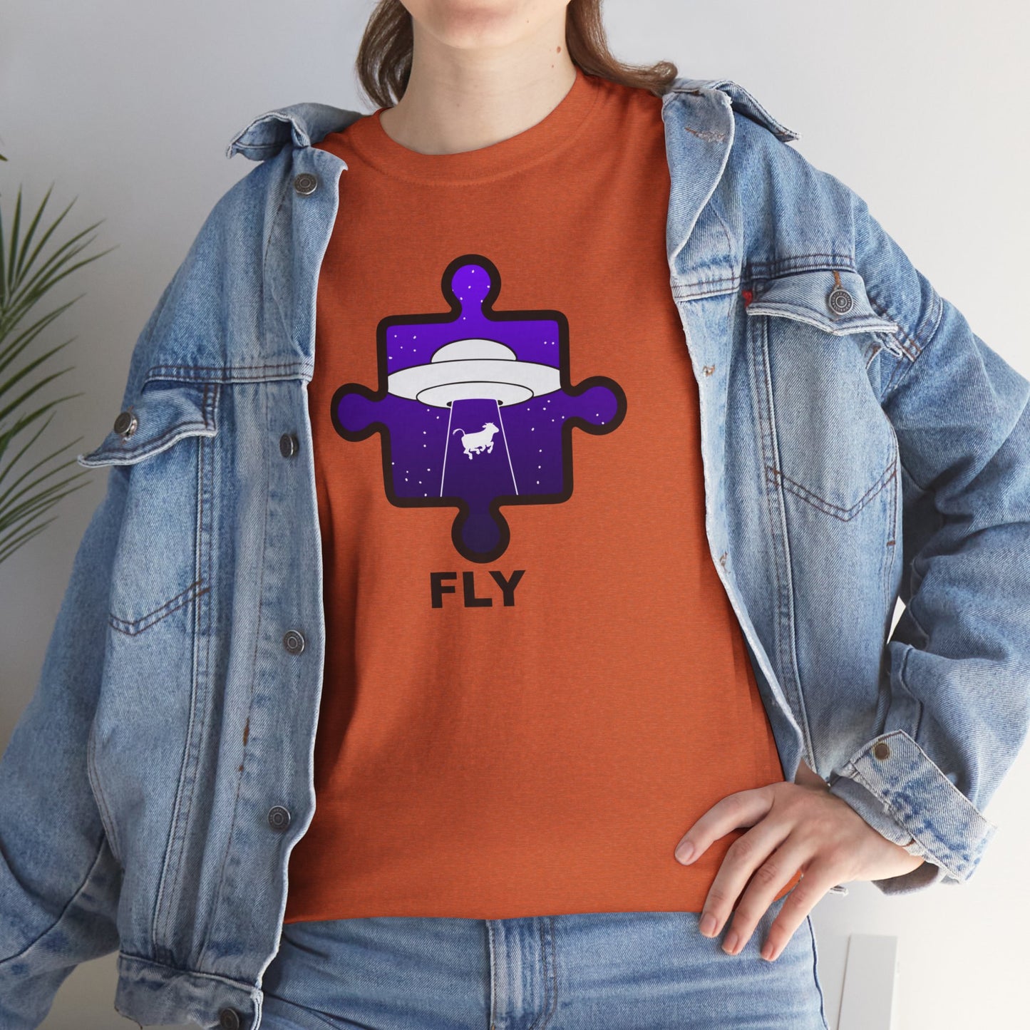 UFO Cow Abduction Puzzle Piece T-Shirt – ‘Fly’ Graphic Tee – Non-Distressed Design