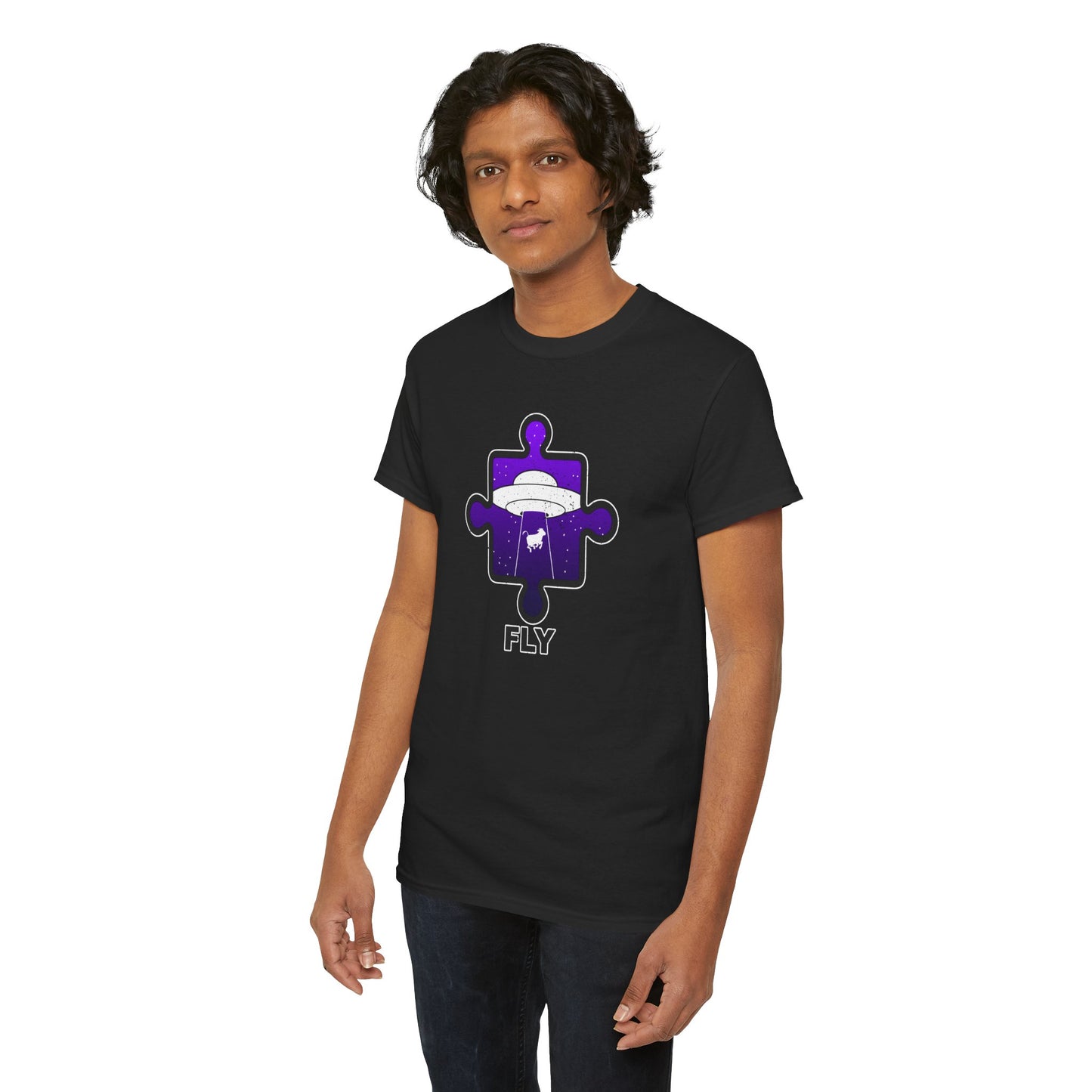 UFO Cow Abduction T-Shirt – ‘Fly’ Puzzle Piece Graphic Tee – Unisex Heavy Cotton Shirt Distressed Design