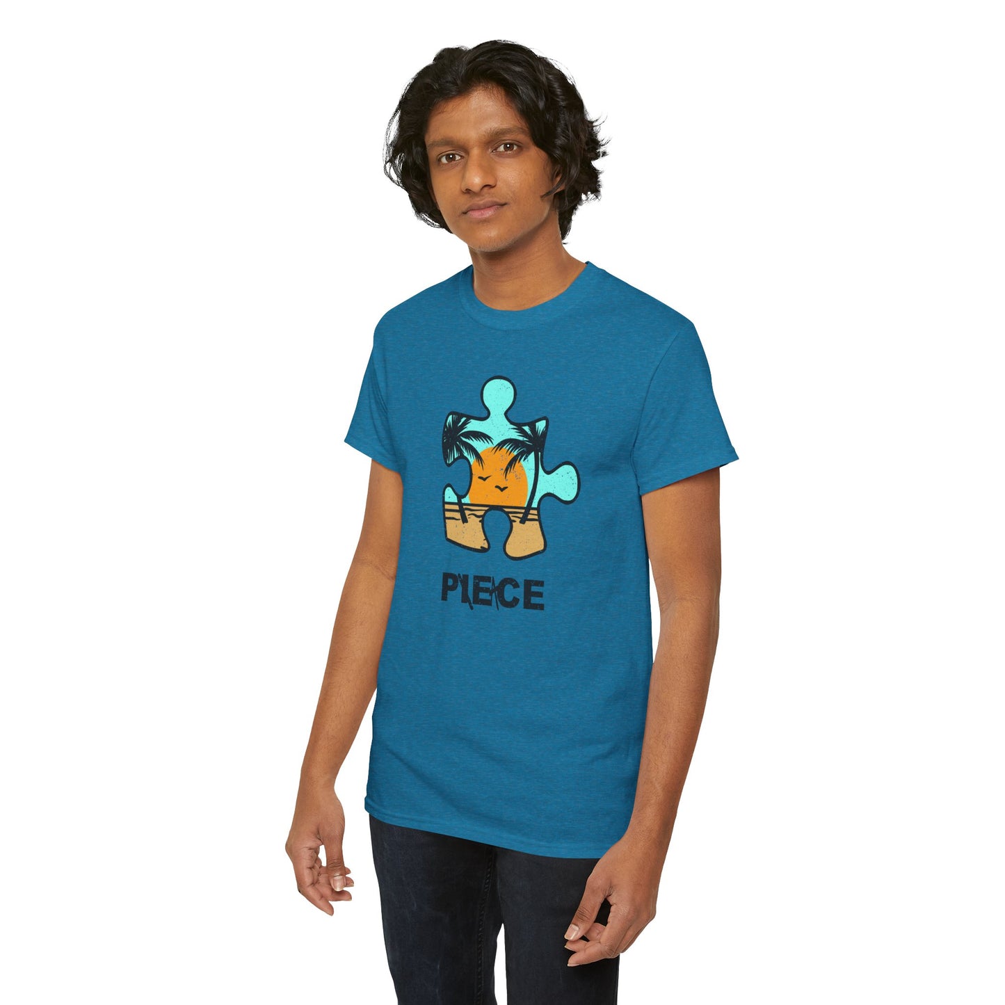 Peace Puzzle Piece T-Shirt – Distressed Beach Graphic Tee – Unisex Heavy Cotton Shirt for Tranquil Vibes