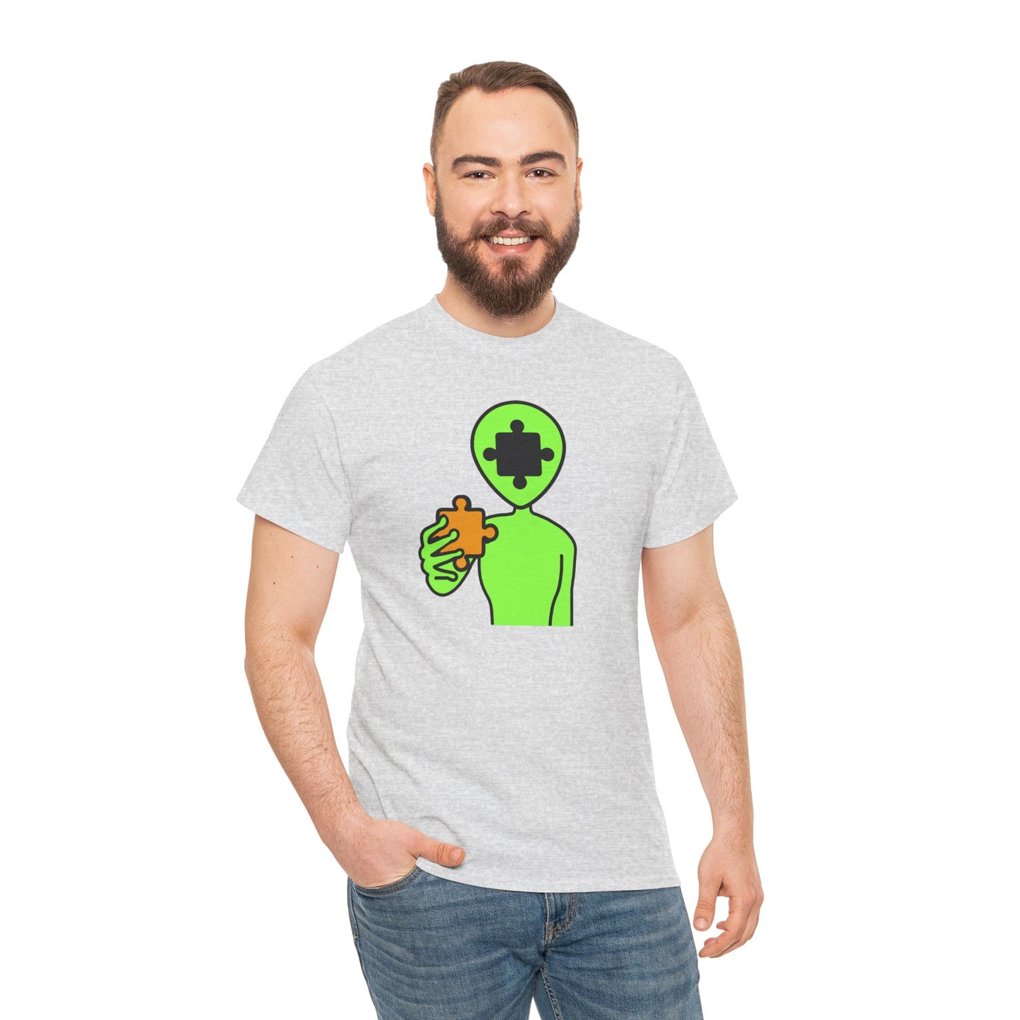 Alien Puzzle Piece T-Shirt – Clean Cosmic Design – Unisex Heavy Cotton Shirt for Life’s Mysteries