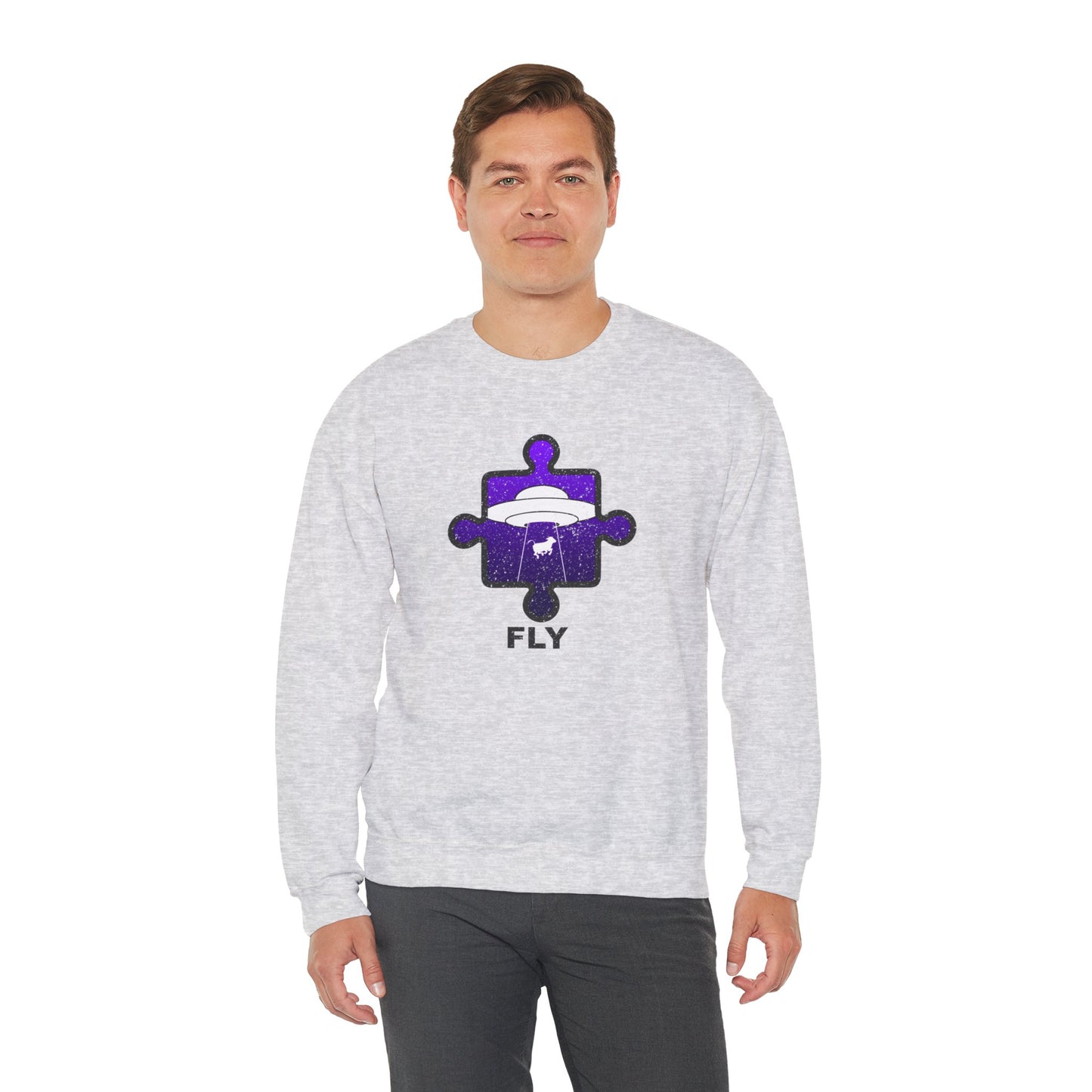 Distressed Crewneck Sweatshirt – Cow & UFO Puzzle Piece with ‘Fly’ Theme