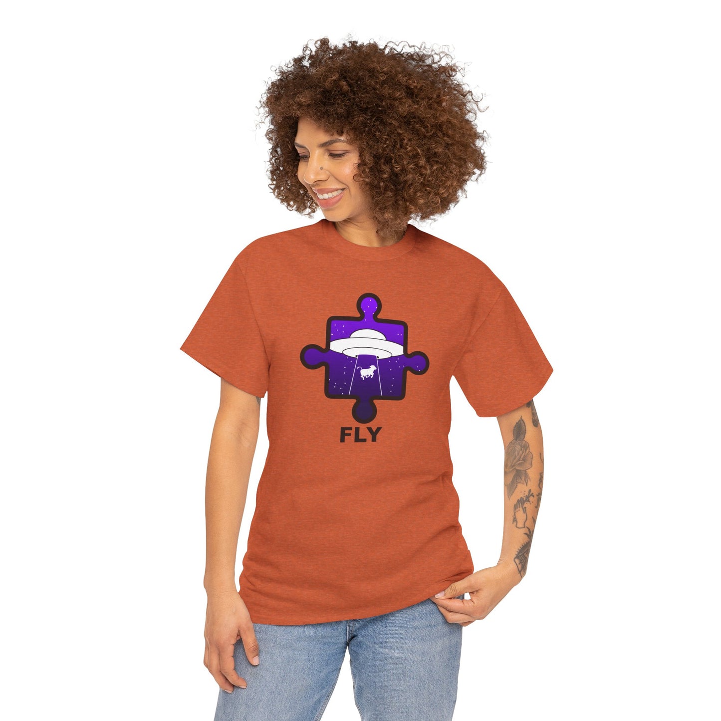 UFO Cow Abduction Puzzle Piece T-Shirt – ‘Fly’ Graphic Tee – Non-Distressed Design