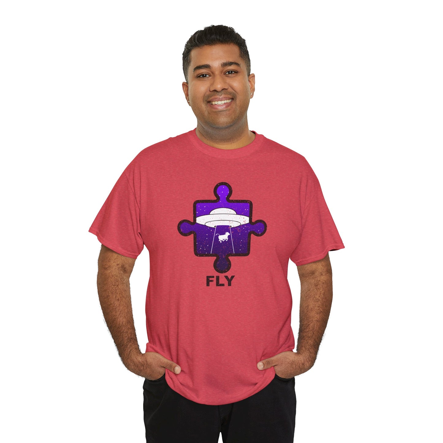 UFO Cow Abduction T-Shirt – ‘Fly’ Puzzle Piece Graphic Tee – Unisex Heavy Cotton Shirt Distressed Design