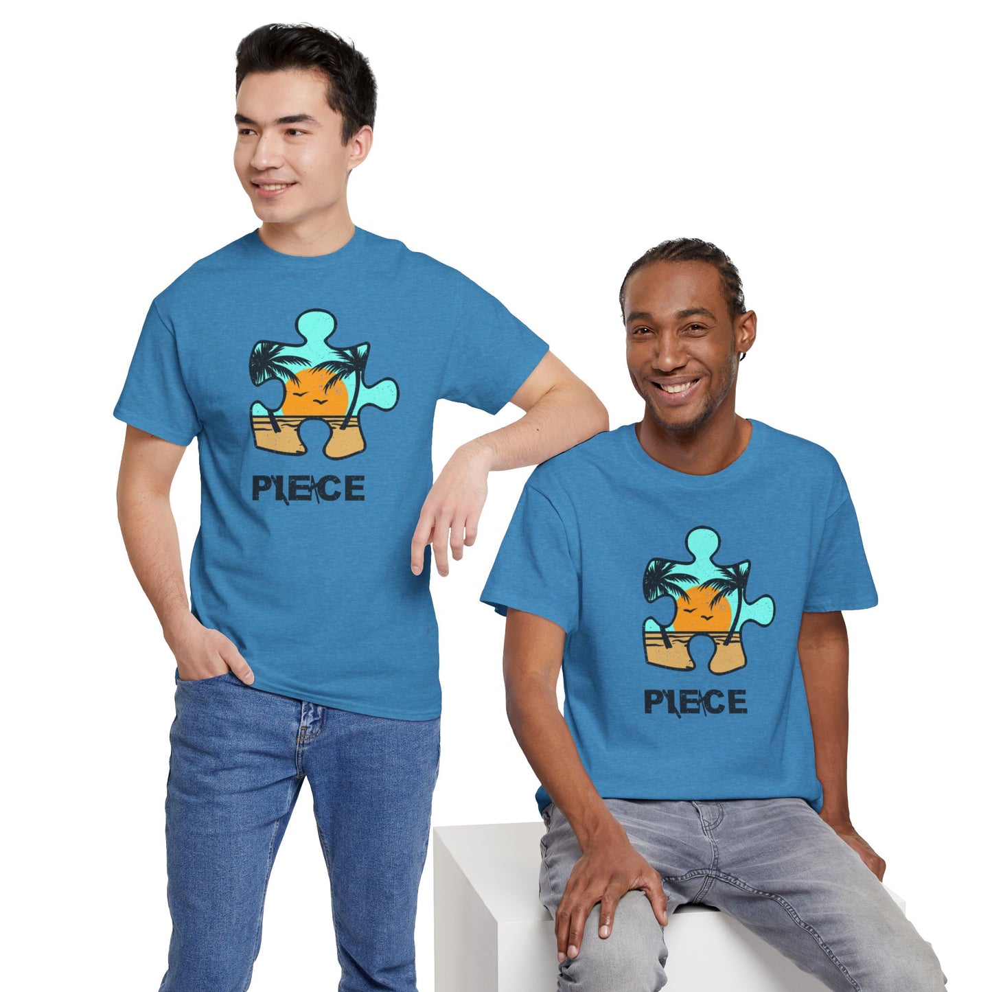 Peace Puzzle Piece T-Shirt – Distressed Beach Graphic Tee – Unisex Heavy Cotton Shirt for Tranquil Vibes