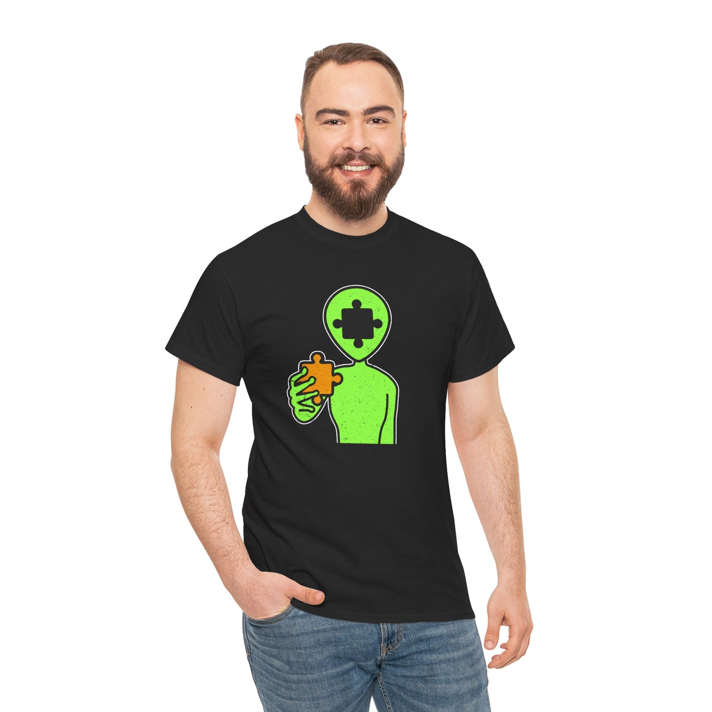 Alien Puzzle Piece T-Shirt – Distressed Cosmic Design – Unisex Heavy Cotton Shirt for Life’s Mysteries