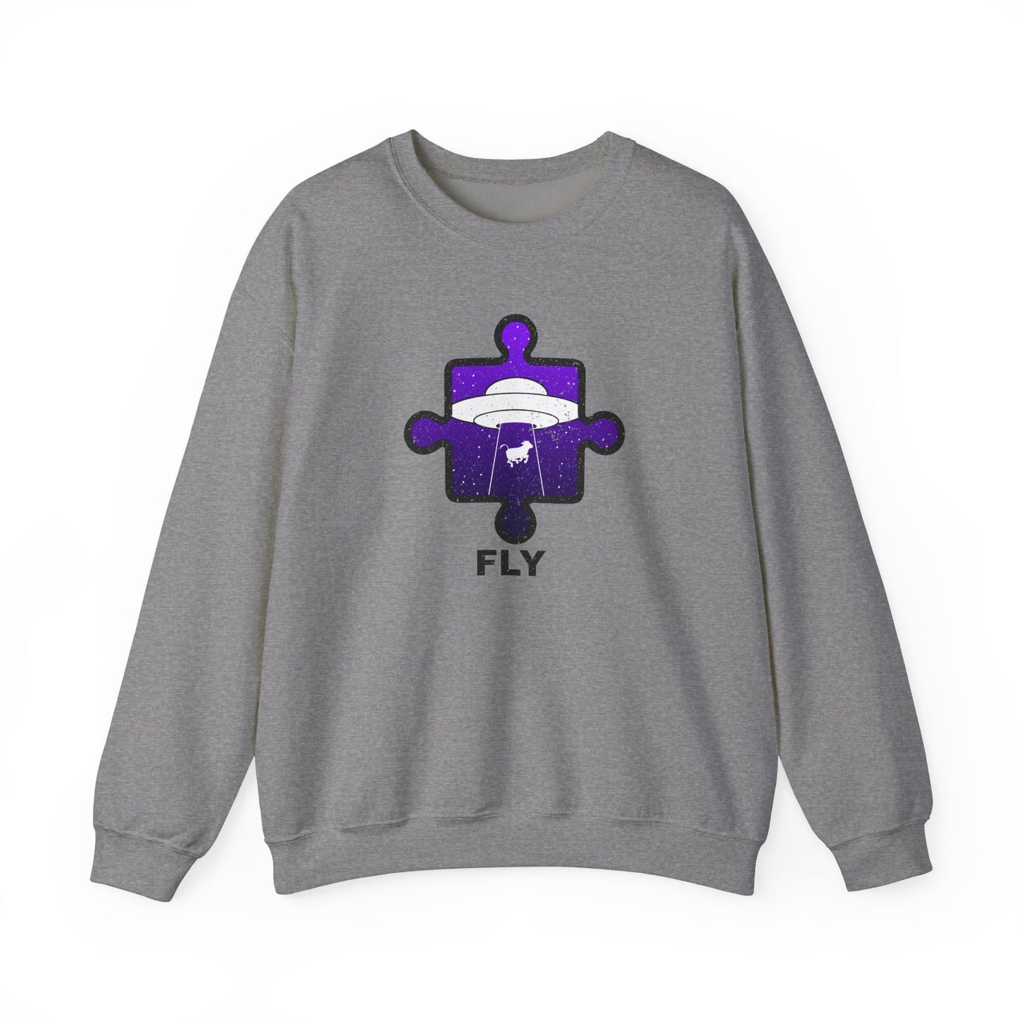 Distressed Crewneck Sweatshirt – Cow & UFO Puzzle Piece with ‘Fly’ Theme