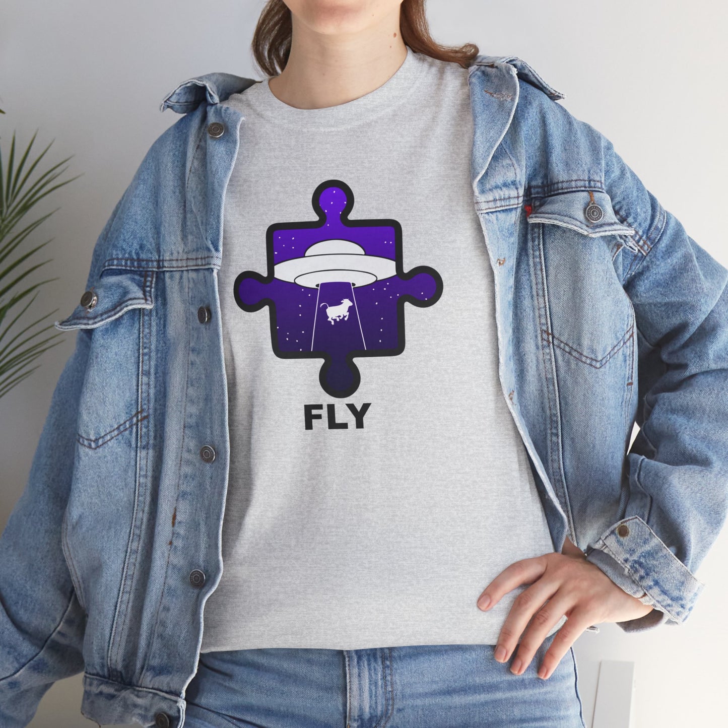 UFO Cow Abduction Puzzle Piece T-Shirt – ‘Fly’ Graphic Tee – Non-Distressed Design