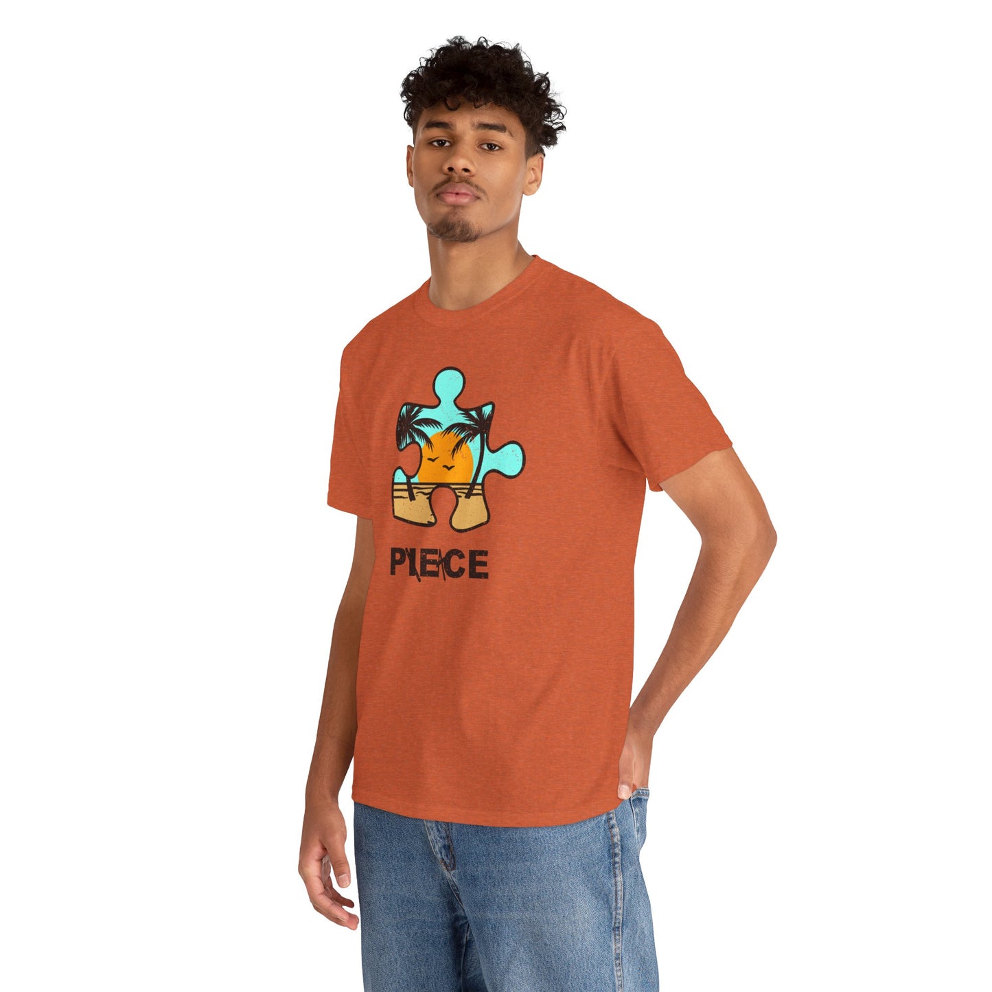 Peace Puzzle Piece T-Shirt – Distressed Beach Graphic Tee – Unisex Heavy Cotton Shirt for Tranquil Vibes