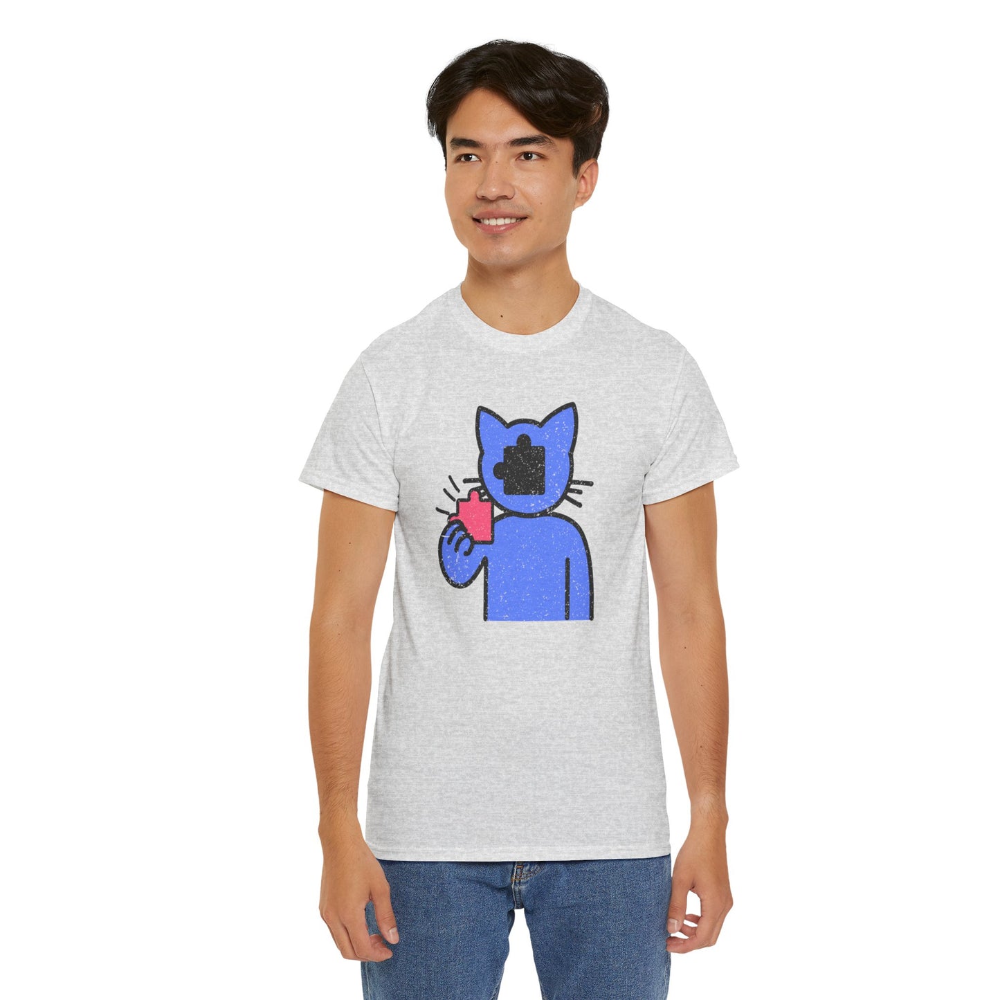 Cat Puzzle Piece T-Shirt – Life’s Epic Journey Distressed Graphic Tee – Unisex Heavy Cotton Shirt – Mix & Match to Create Your Own Unique Style