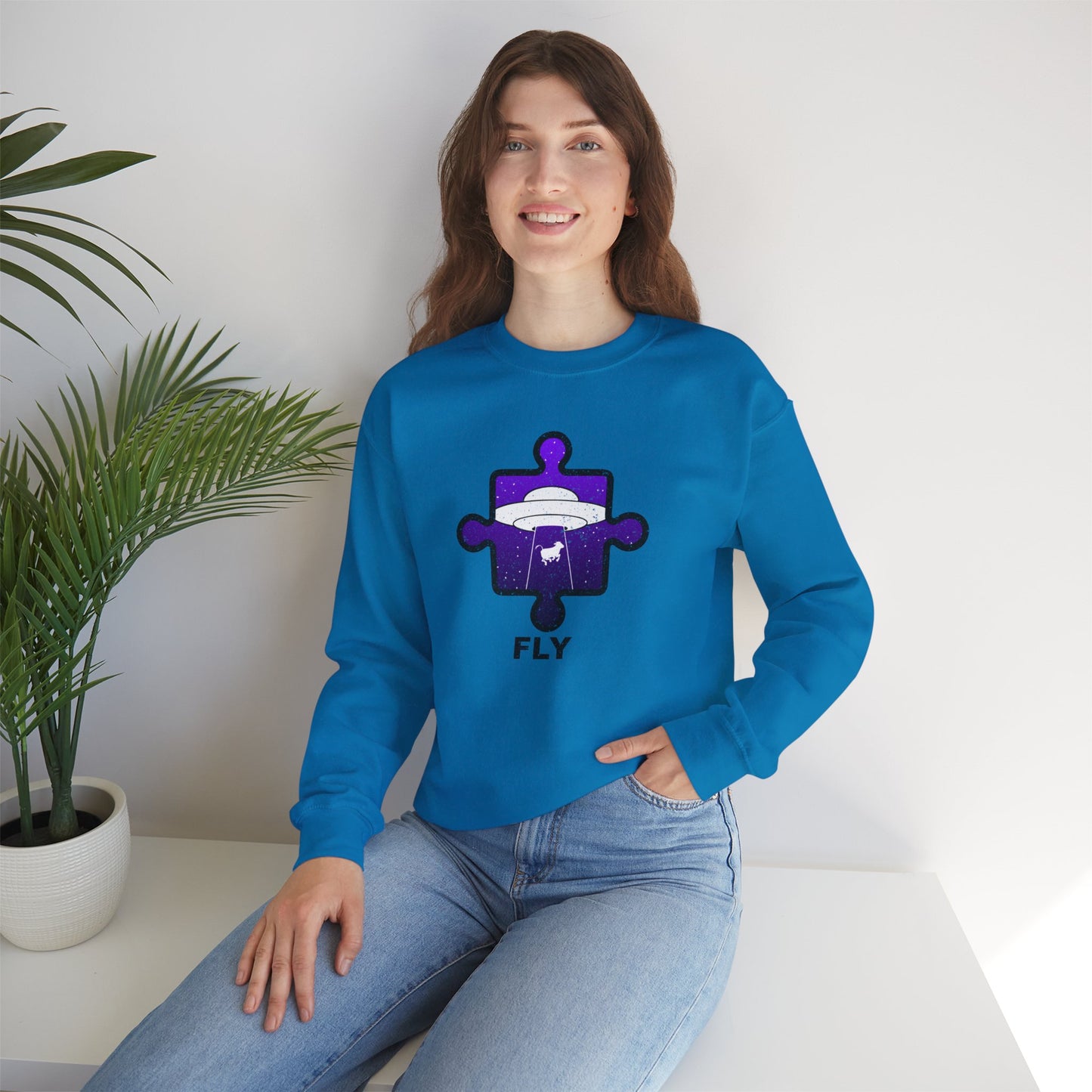 Distressed Crewneck Sweatshirt – Cow & UFO Puzzle Piece with ‘Fly’ Theme