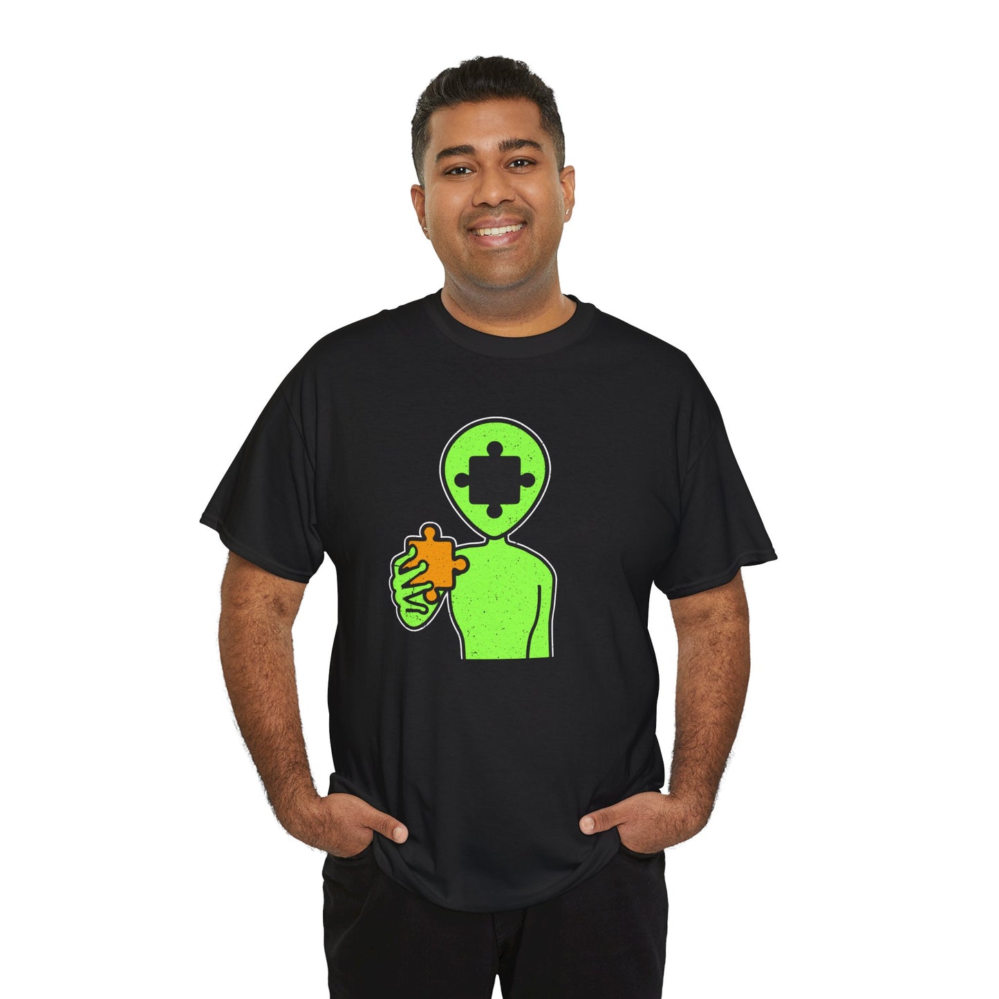 Alien Puzzle Piece T-Shirt – Distressed Cosmic Design – Unisex Heavy Cotton Shirt for Life’s Mysteries