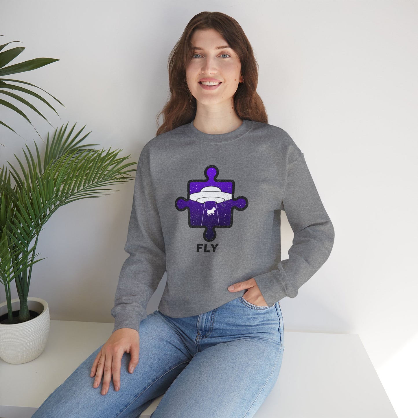 Distressed Crewneck Sweatshirt – Cow & UFO Puzzle Piece with ‘Fly’ Theme