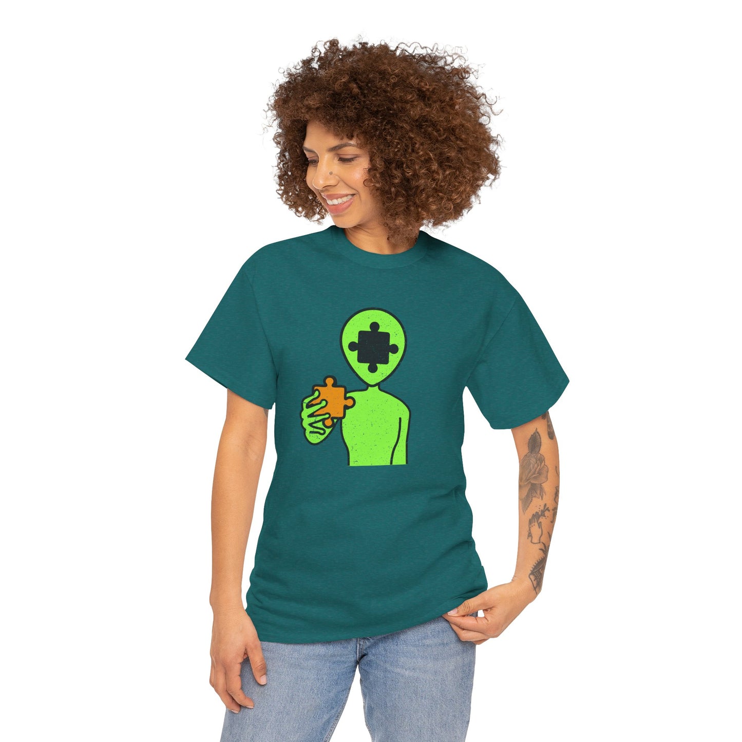 Alien Puzzle Piece T-Shirt – Distressed Cosmic Design – Unisex Heavy Cotton Shirt for Life’s Mysteries