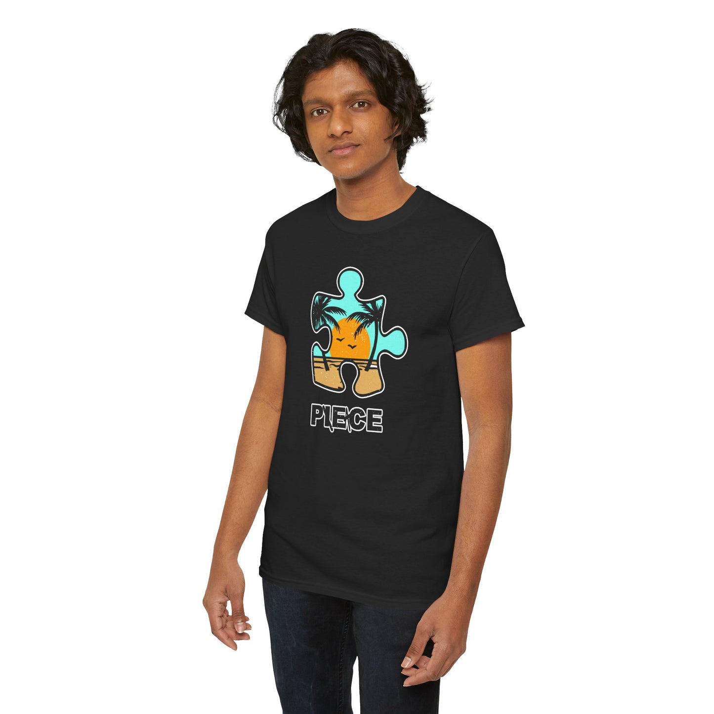 Peace Puzzle Piece T-Shirt – Distressed Beach Graphic Tee – Unisex Heavy Cotton Shirt for Tranquil Vibes