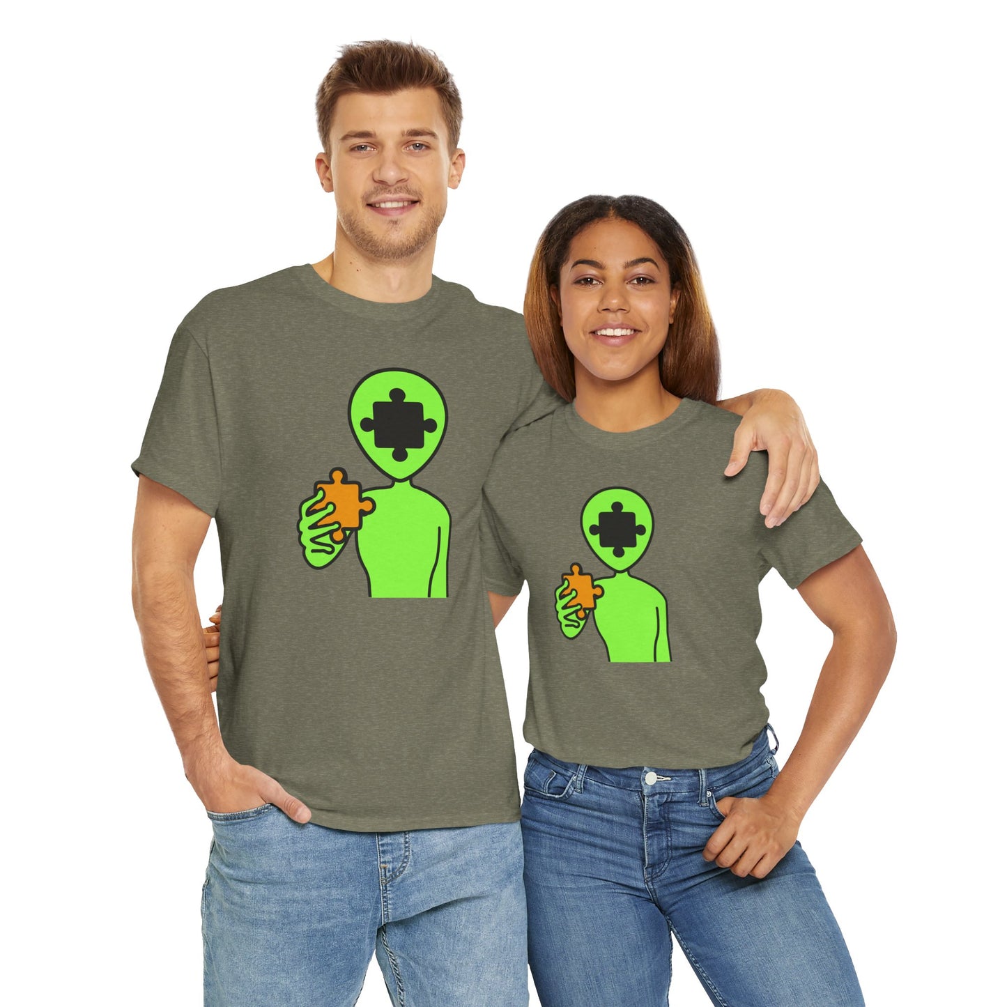 Alien Puzzle Piece T-Shirt – Clean Cosmic Design – Unisex Heavy Cotton Shirt for Life’s Mysteries