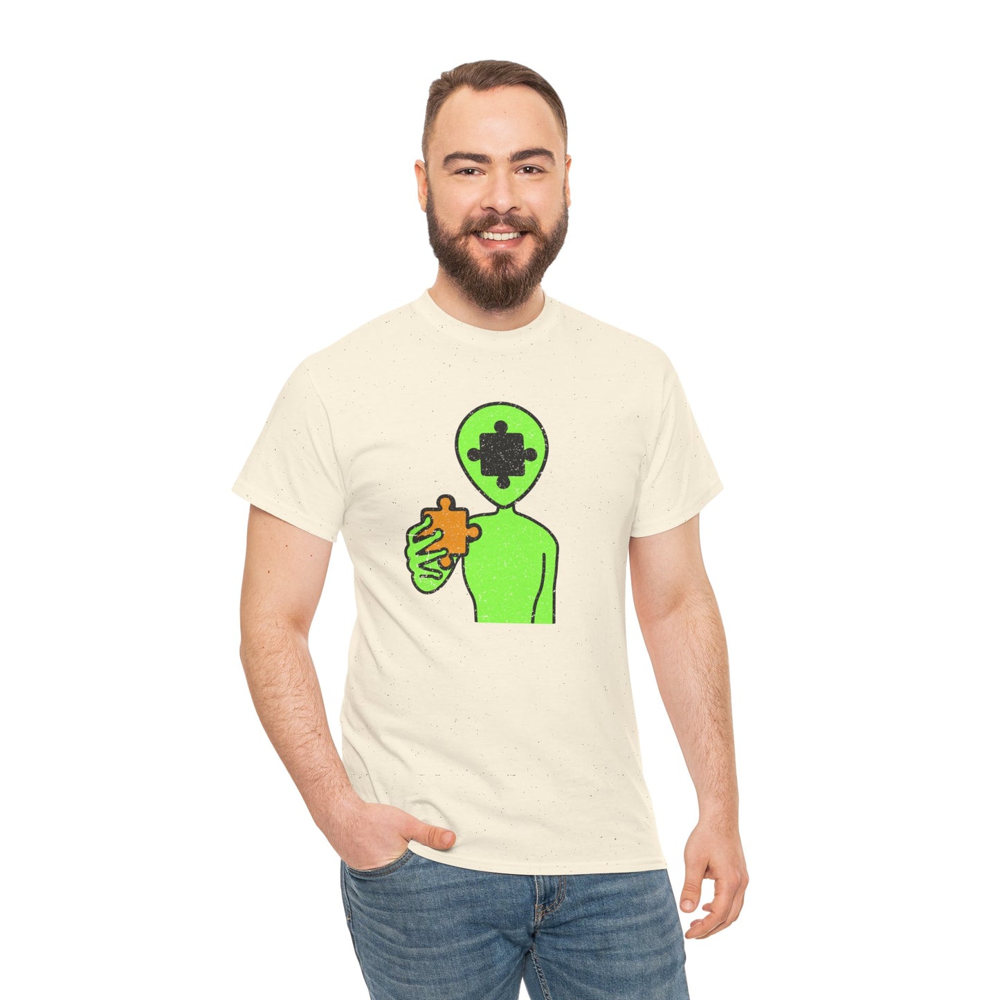 Alien Puzzle Piece T-Shirt – Distressed Cosmic Design – Unisex Heavy Cotton Shirt for Life’s Mysteries