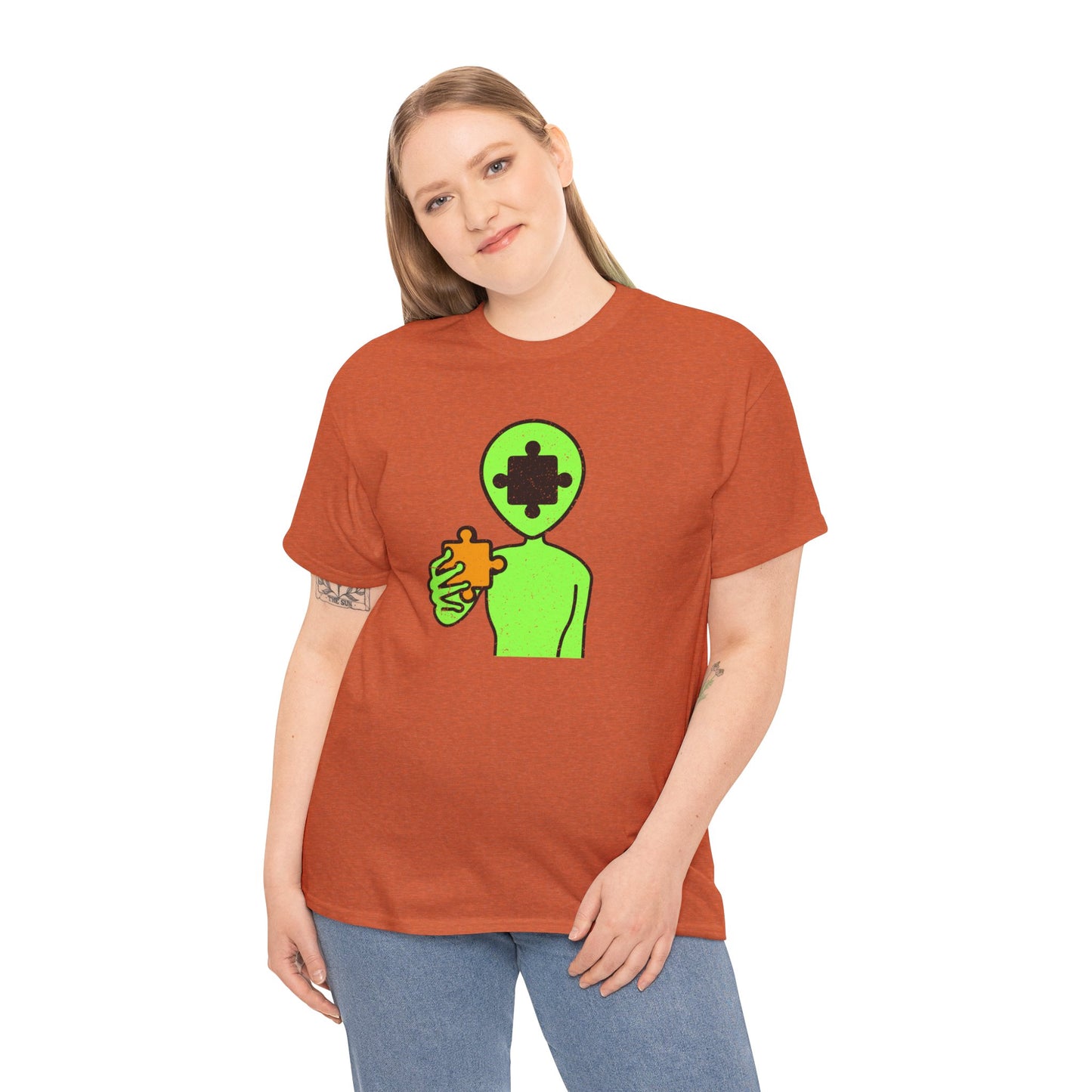 Alien Puzzle Piece T-Shirt – Distressed Cosmic Design – Unisex Heavy Cotton Shirt for Life’s Mysteries