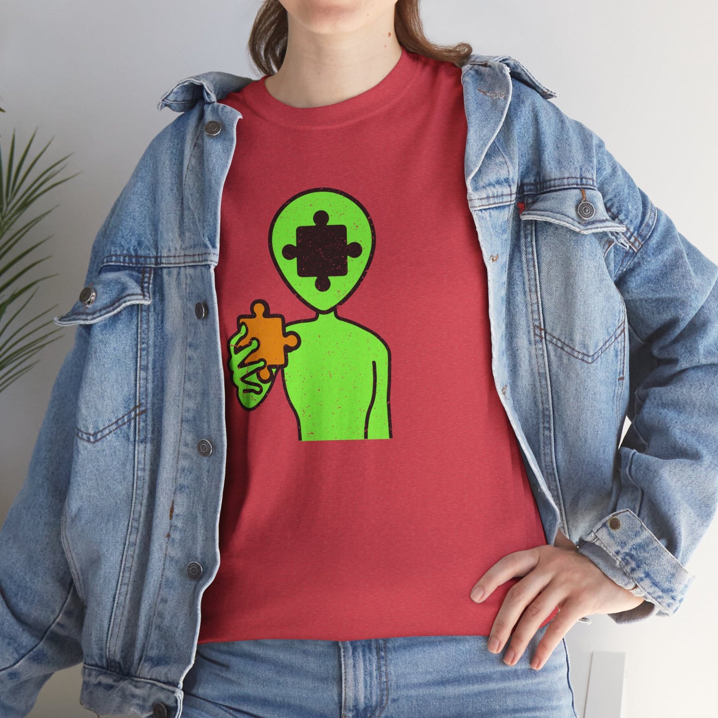 Alien Puzzle Piece T-Shirt – Distressed Cosmic Design – Unisex Heavy Cotton Shirt for Life’s Mysteries