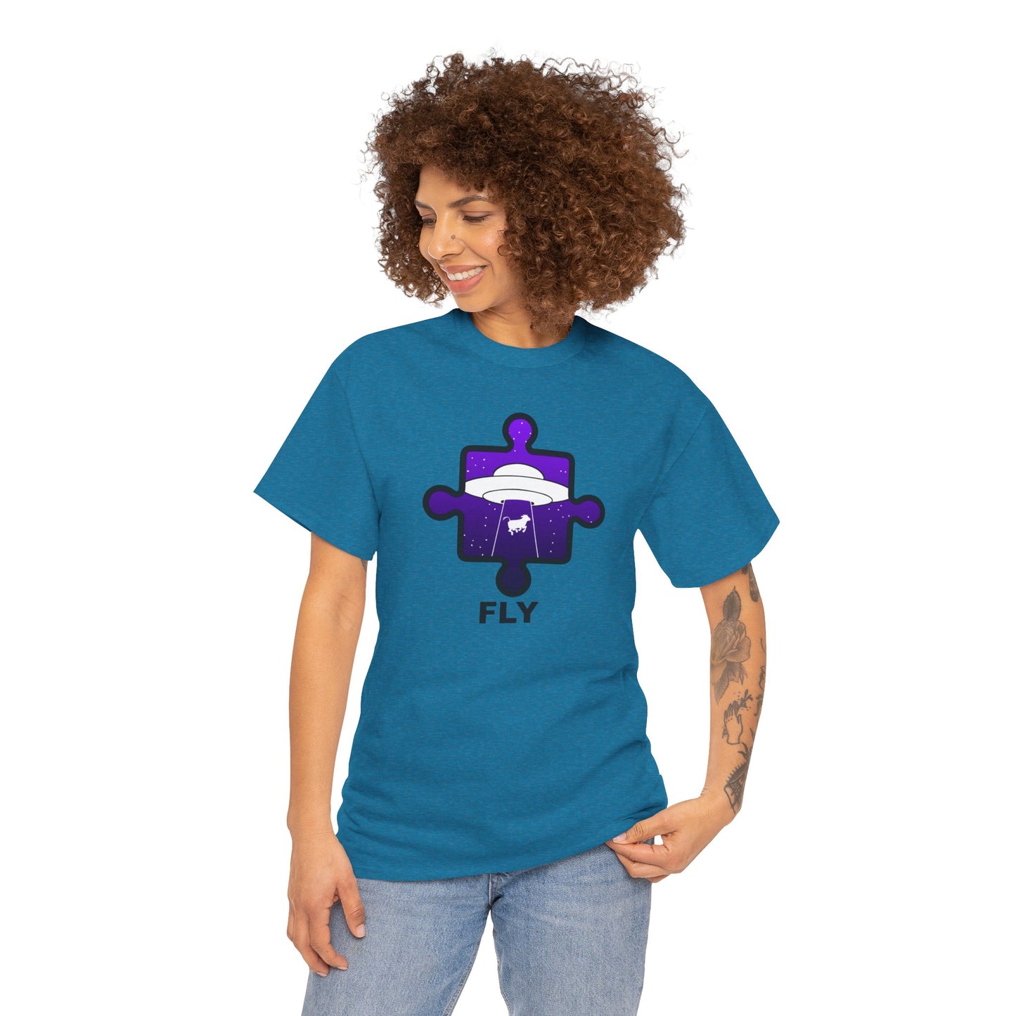 UFO Cow Abduction Puzzle Piece T-Shirt – ‘Fly’ Graphic Tee – Non-Distressed Design