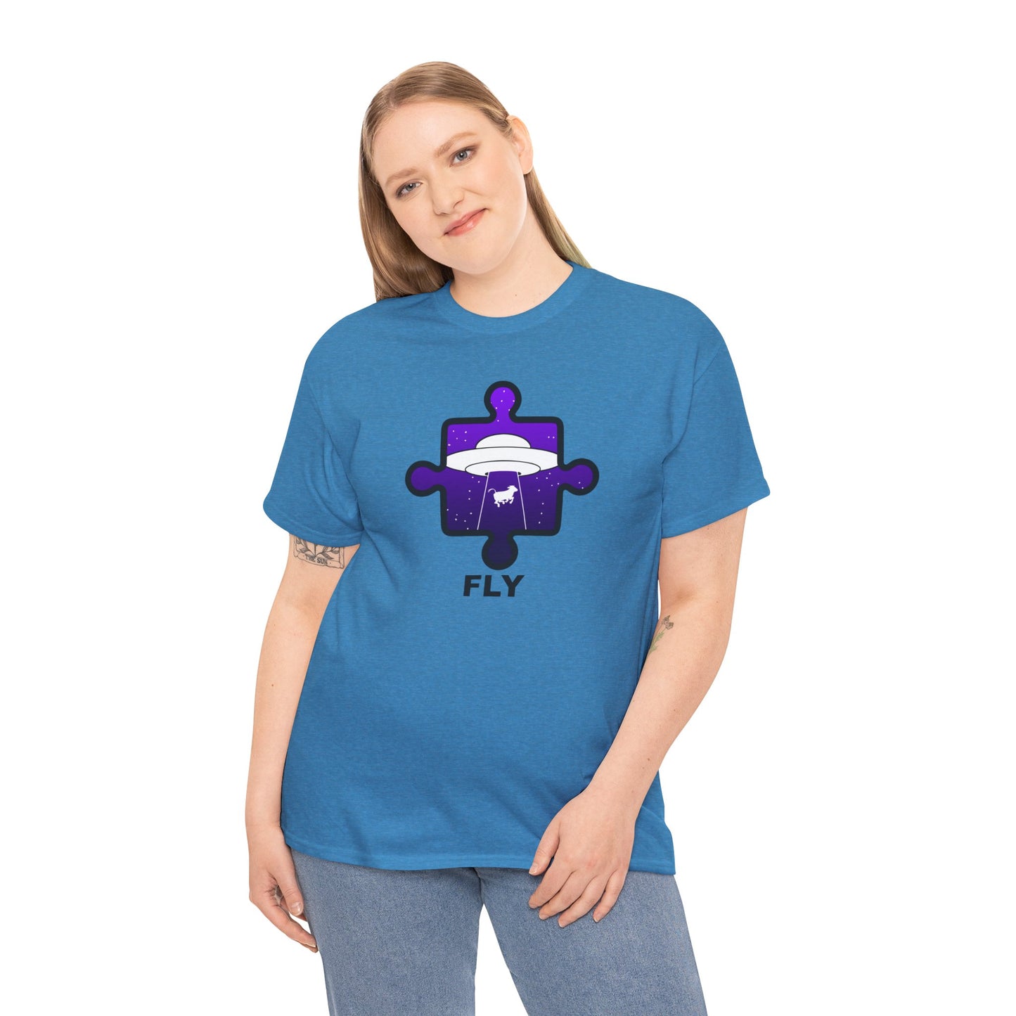 UFO Cow Abduction Puzzle Piece T-Shirt – ‘Fly’ Graphic Tee – Non-Distressed Design