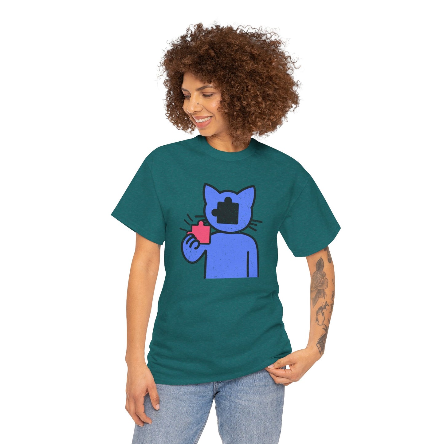 Cat Puzzle Piece T-Shirt – Life’s Epic Journey Distressed Graphic Tee – Unisex Heavy Cotton Shirt – Mix & Match to Create Your Own Unique Style