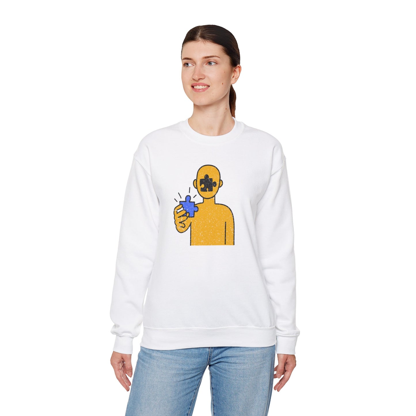 Distressed Crewneck Sweatshirt – Thoughtful Puzzle Piece Design with Human Theme