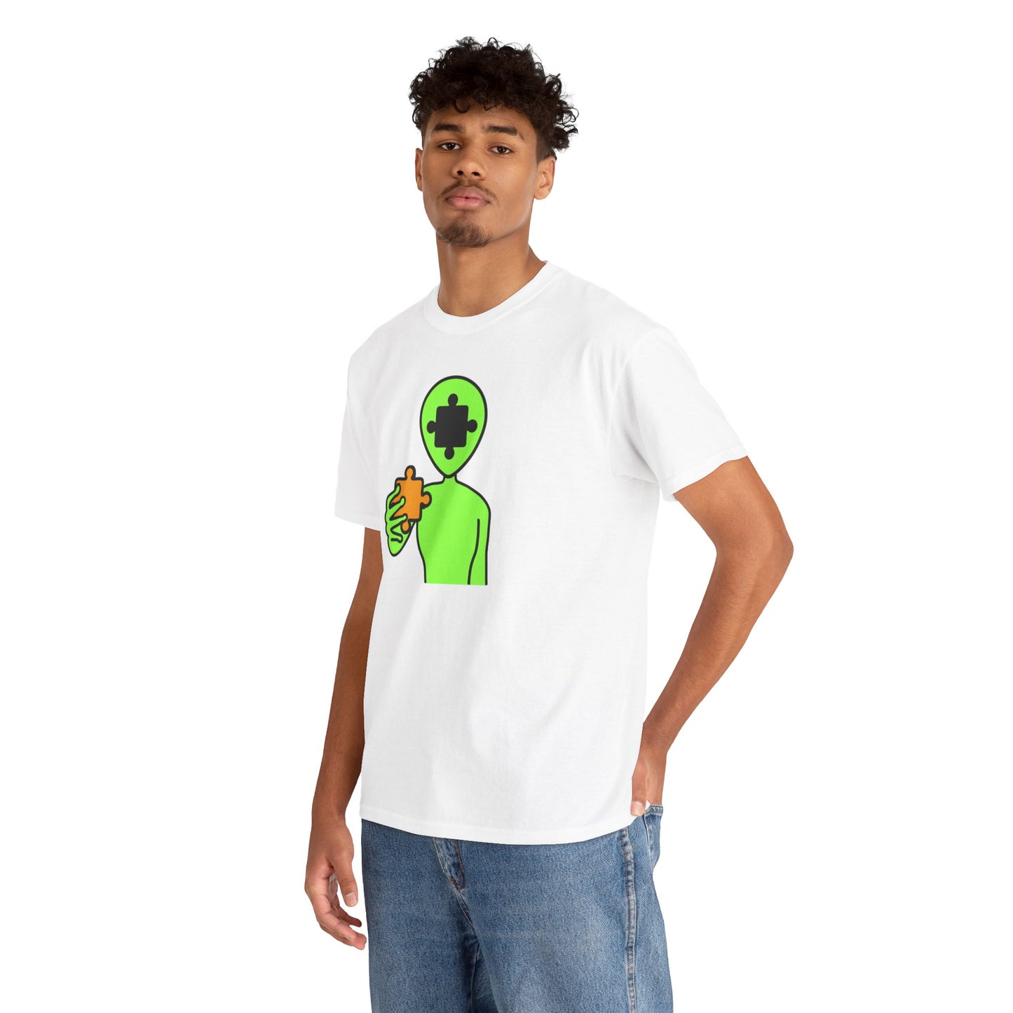 Alien Puzzle Piece T-Shirt – Clean Cosmic Design – Unisex Heavy Cotton Shirt for Life’s Mysteries