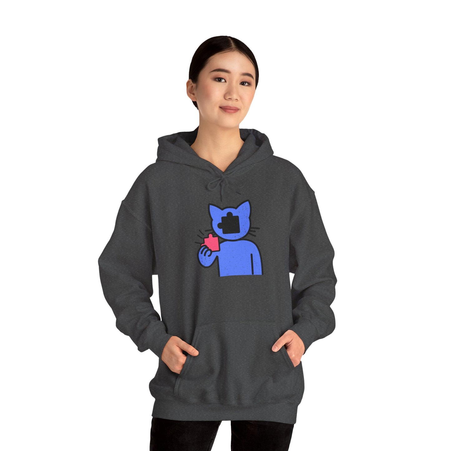 Cat Puzzle Piece Hoodie – Distressed Graphic Pullover – Cozy Unisex Hooded Sweatshirt for Puzzle Lovers