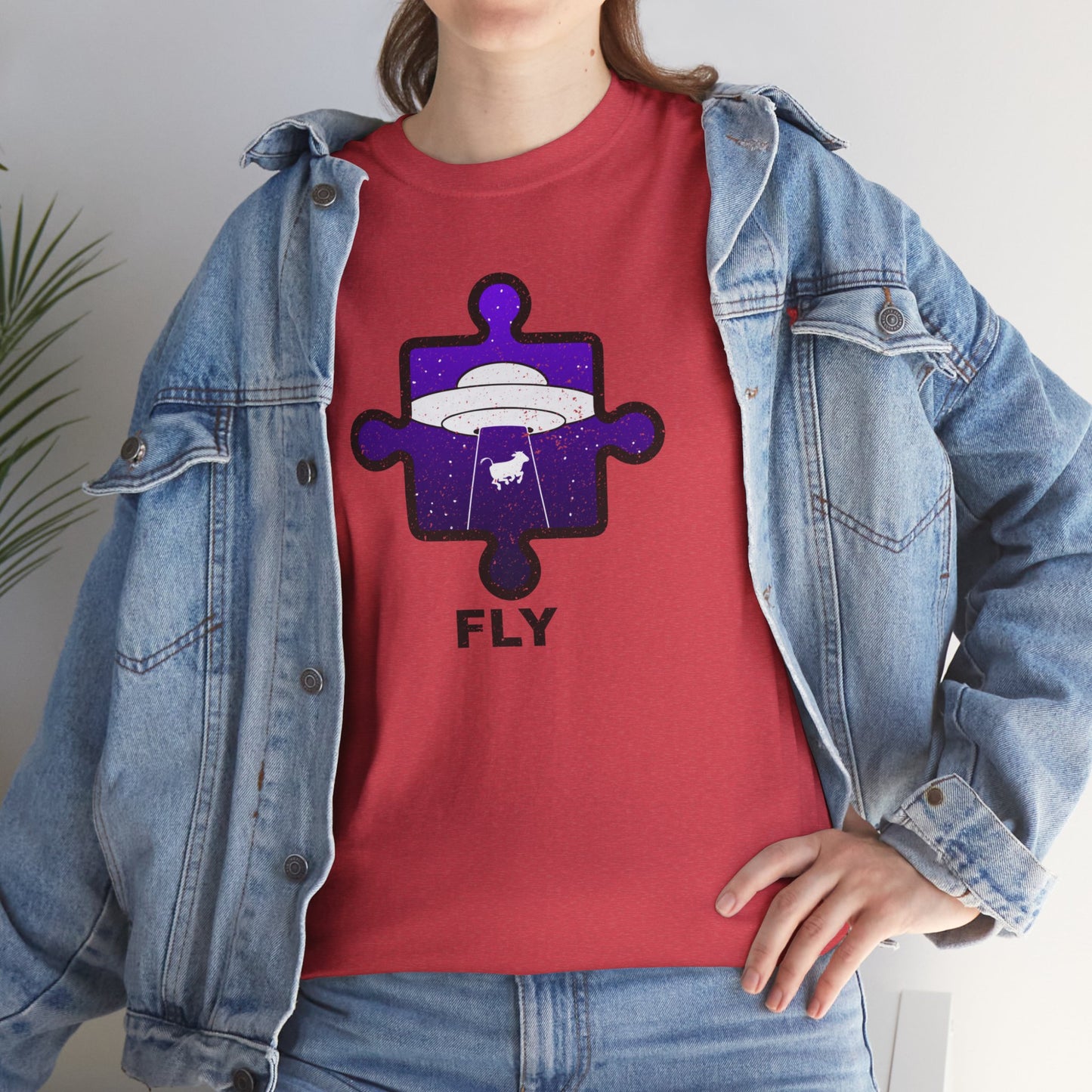 UFO Cow Abduction T-Shirt – ‘Fly’ Puzzle Piece Graphic Tee – Unisex Heavy Cotton Shirt Distressed Design