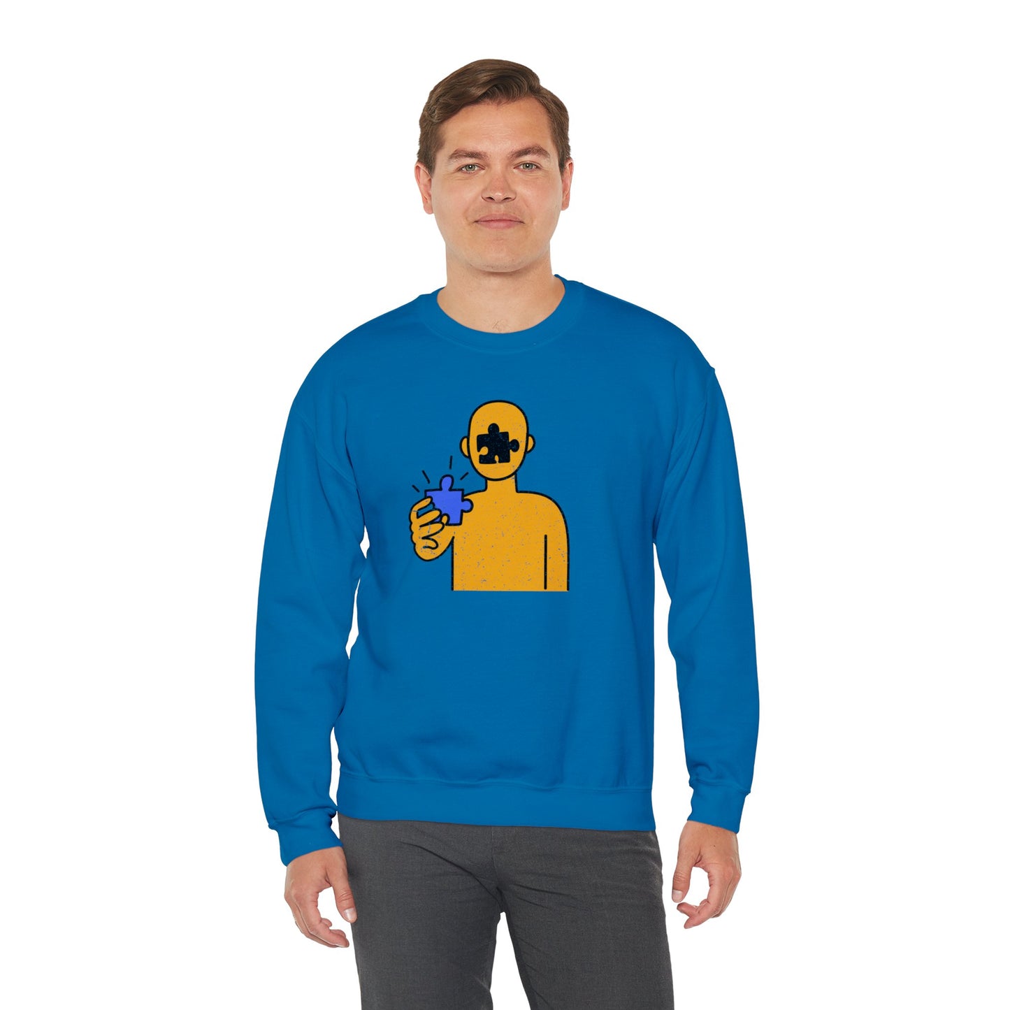 Distressed Crewneck Sweatshirt – Thoughtful Puzzle Piece Design with Human Theme