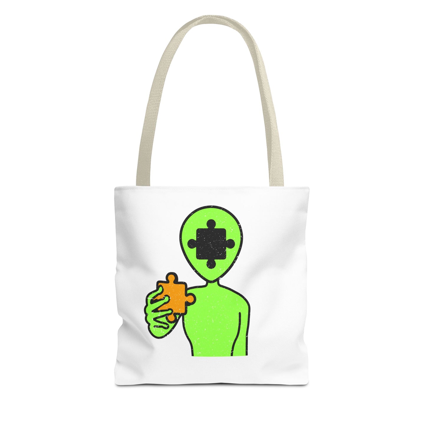 Distressed Tote Bag – Alien Puzzle Piece & Cow Abduction Design with ‘Fly’ Theme