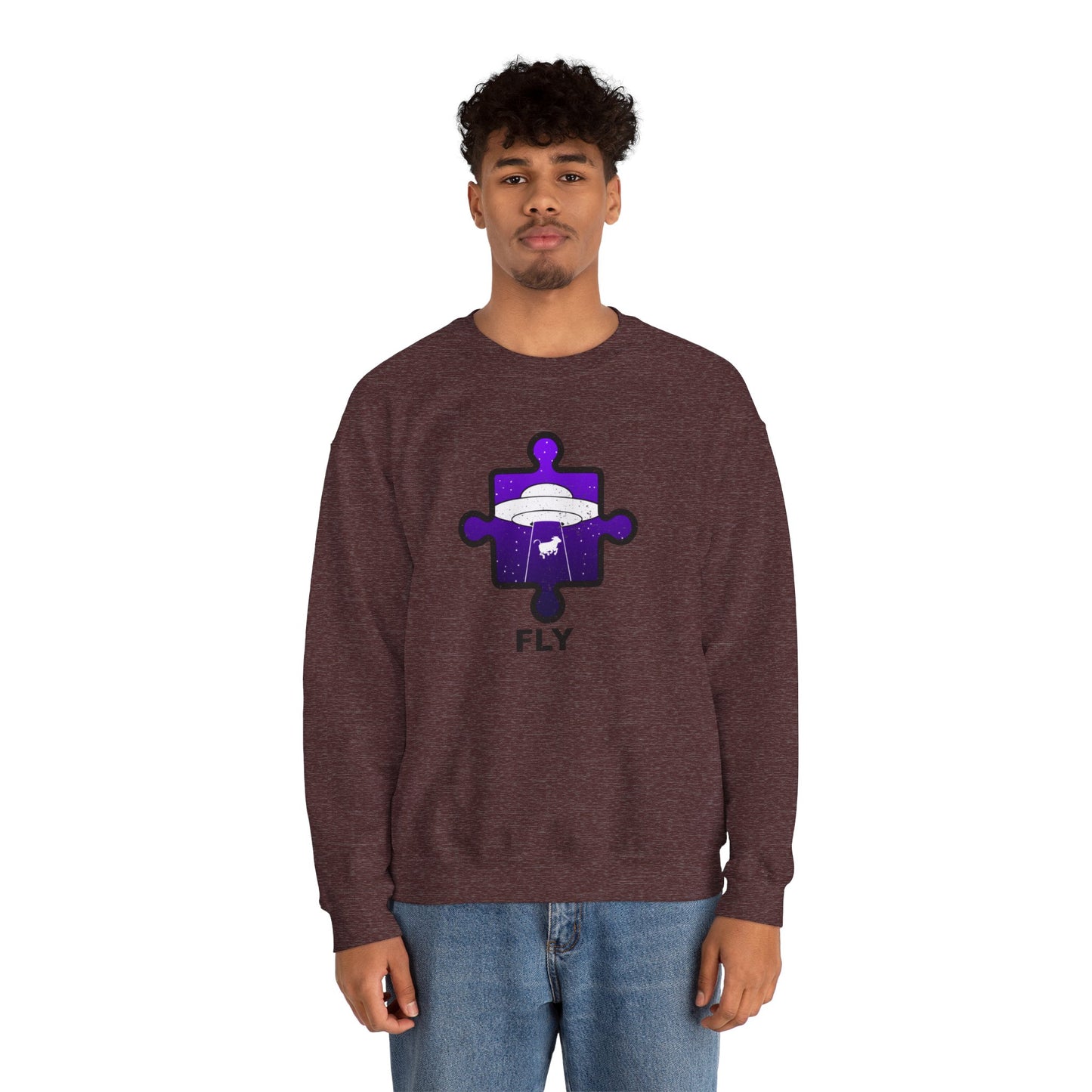 Distressed Crewneck Sweatshirt – Cow & UFO Puzzle Piece with ‘Fly’ Theme