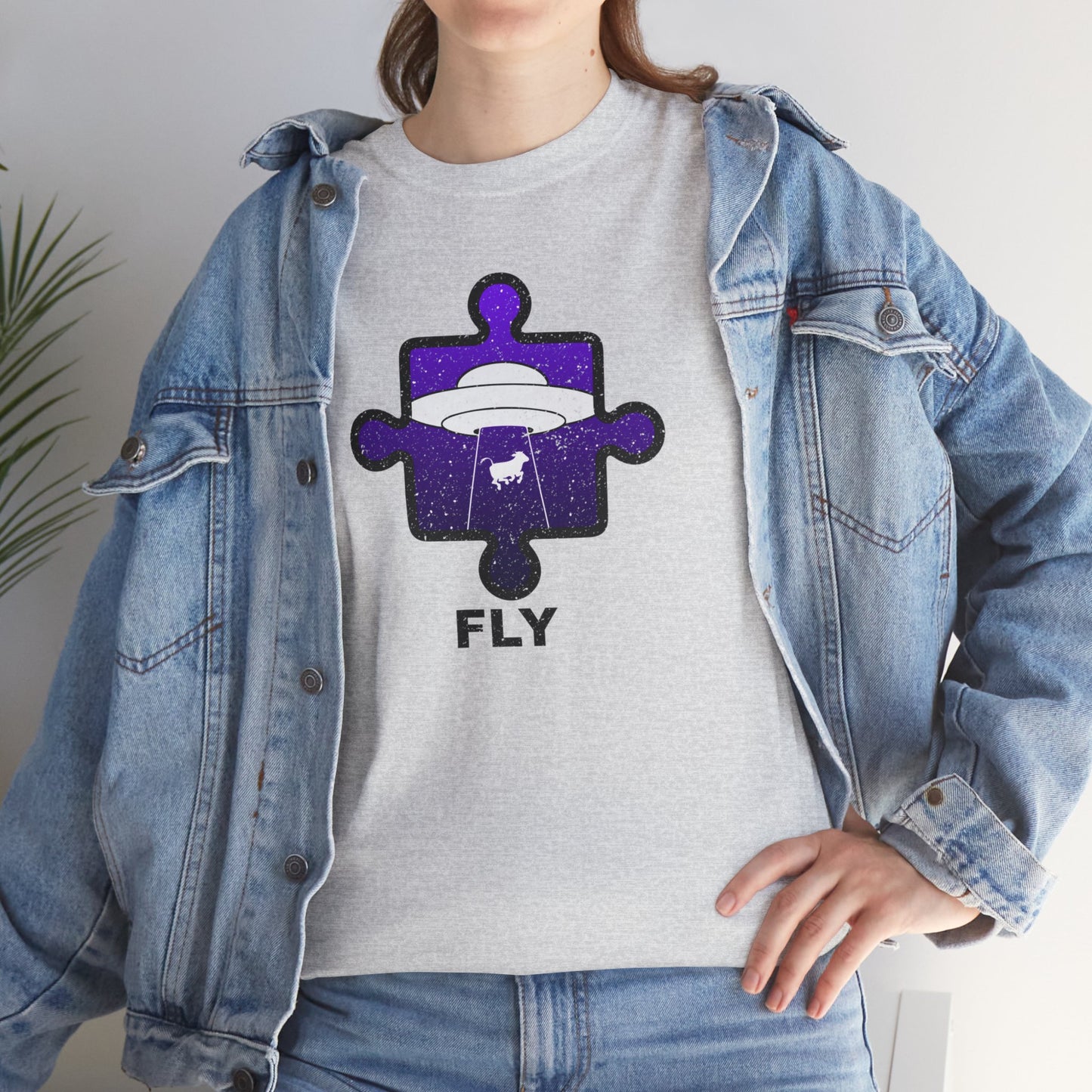 UFO Cow Abduction T-Shirt – ‘Fly’ Puzzle Piece Graphic Tee – Unisex Heavy Cotton Shirt Distressed Design