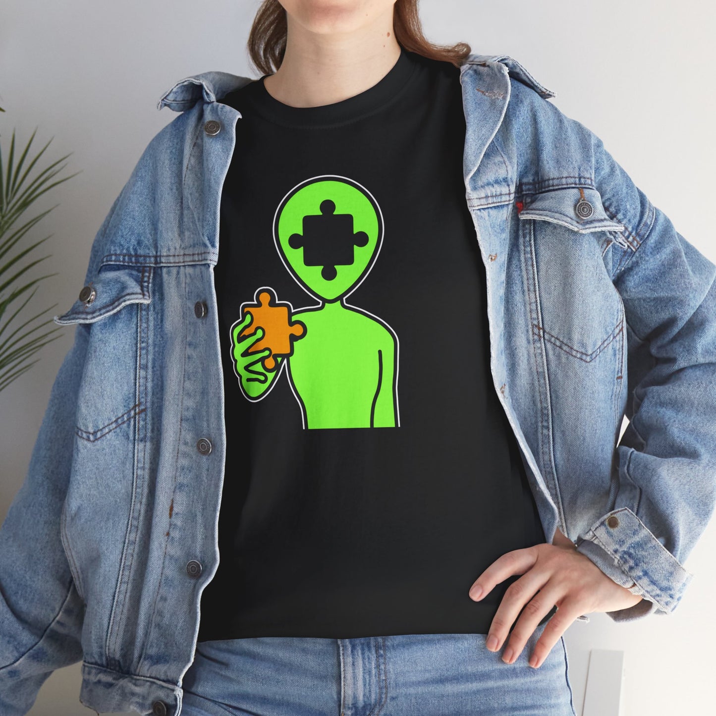 Alien Puzzle Piece T-Shirt – Clean Cosmic Design – Unisex Heavy Cotton Shirt for Life’s Mysteries