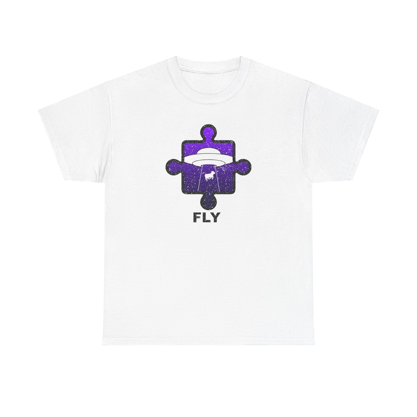 UFO Cow Abduction T-Shirt – ‘Fly’ Puzzle Piece Graphic Tee – Unisex Heavy Cotton Shirt Distressed Design