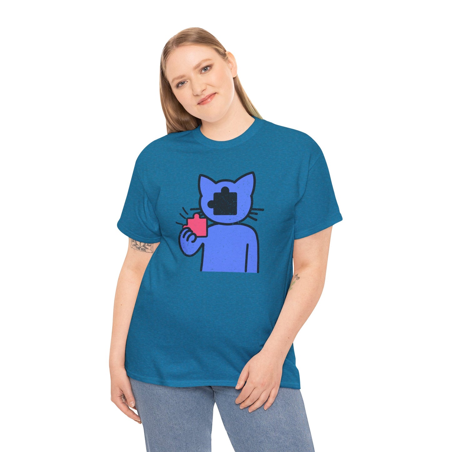 Cat Puzzle Piece T-Shirt – Life’s Epic Journey Distressed Graphic Tee – Unisex Heavy Cotton Shirt – Mix & Match to Create Your Own Unique Style