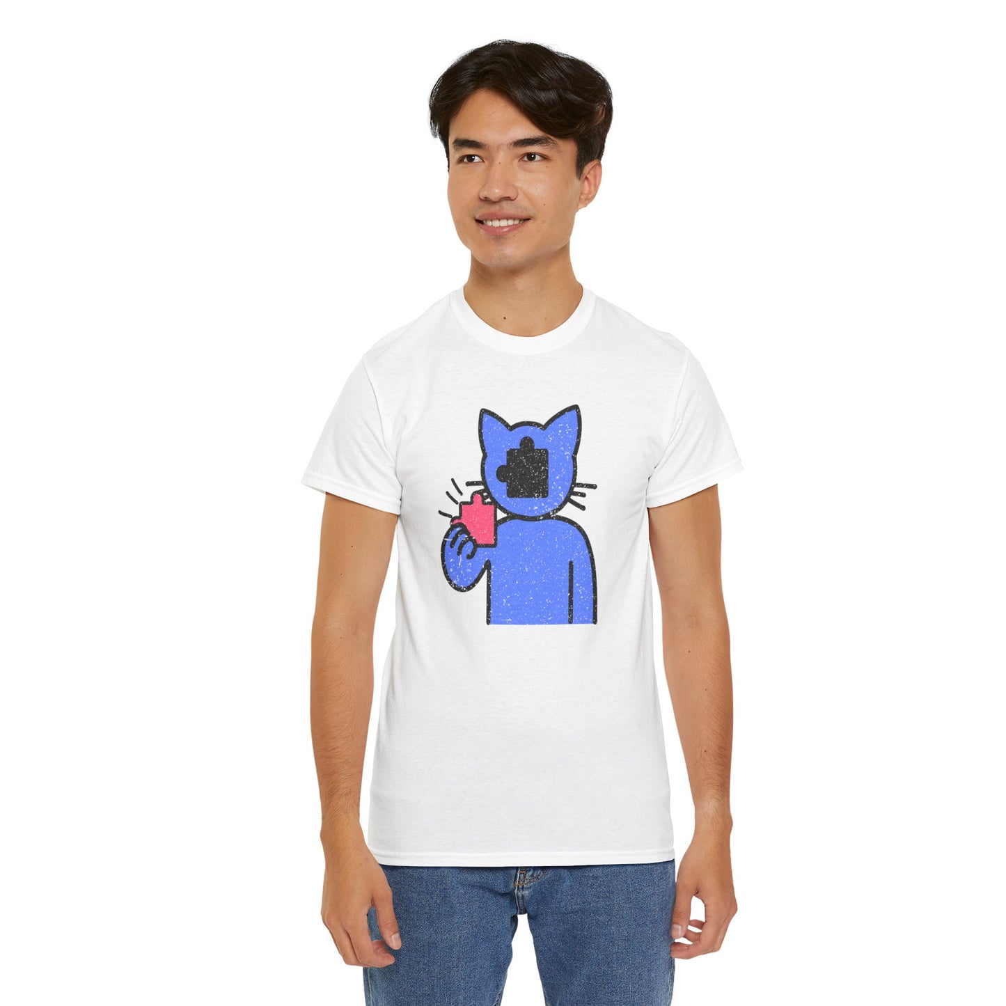 Cat Puzzle Piece T-Shirt – Life’s Epic Journey Distressed Graphic Tee – Unisex Heavy Cotton Shirt – Mix & Match to Create Your Own Unique Style