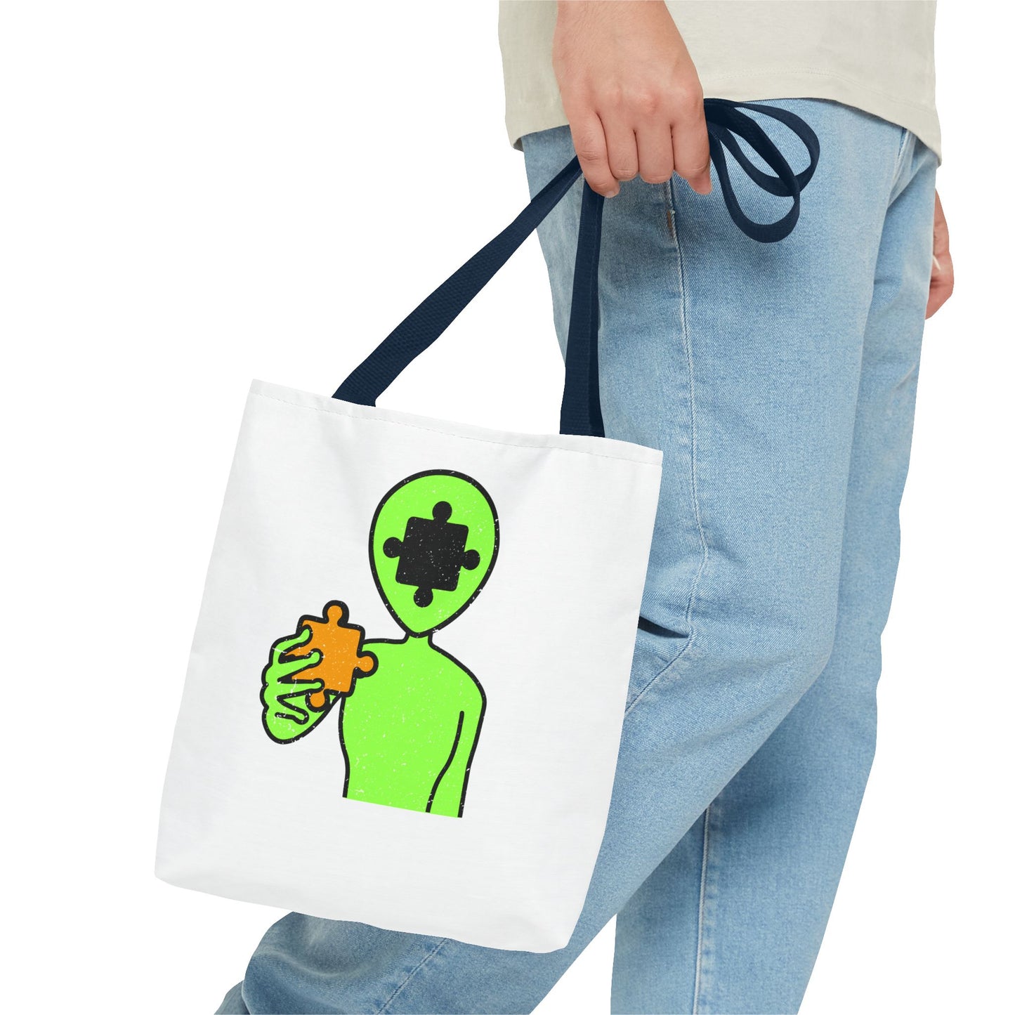 Distressed Tote Bag – Alien Puzzle Piece & Cow Abduction Design with ‘Fly’ Theme