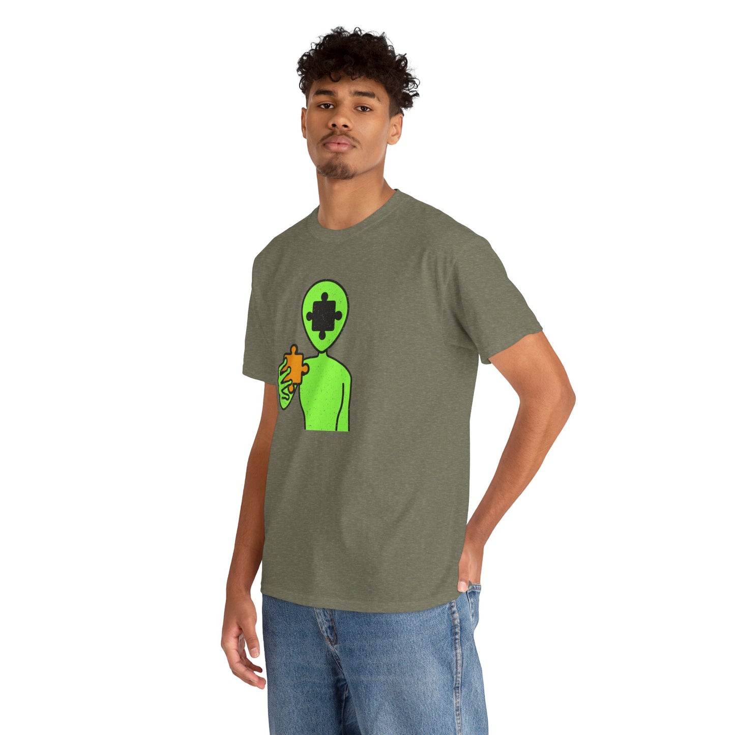 Alien Puzzle Piece T-Shirt – Distressed Cosmic Design – Unisex Heavy Cotton Shirt for Life’s Mysteries