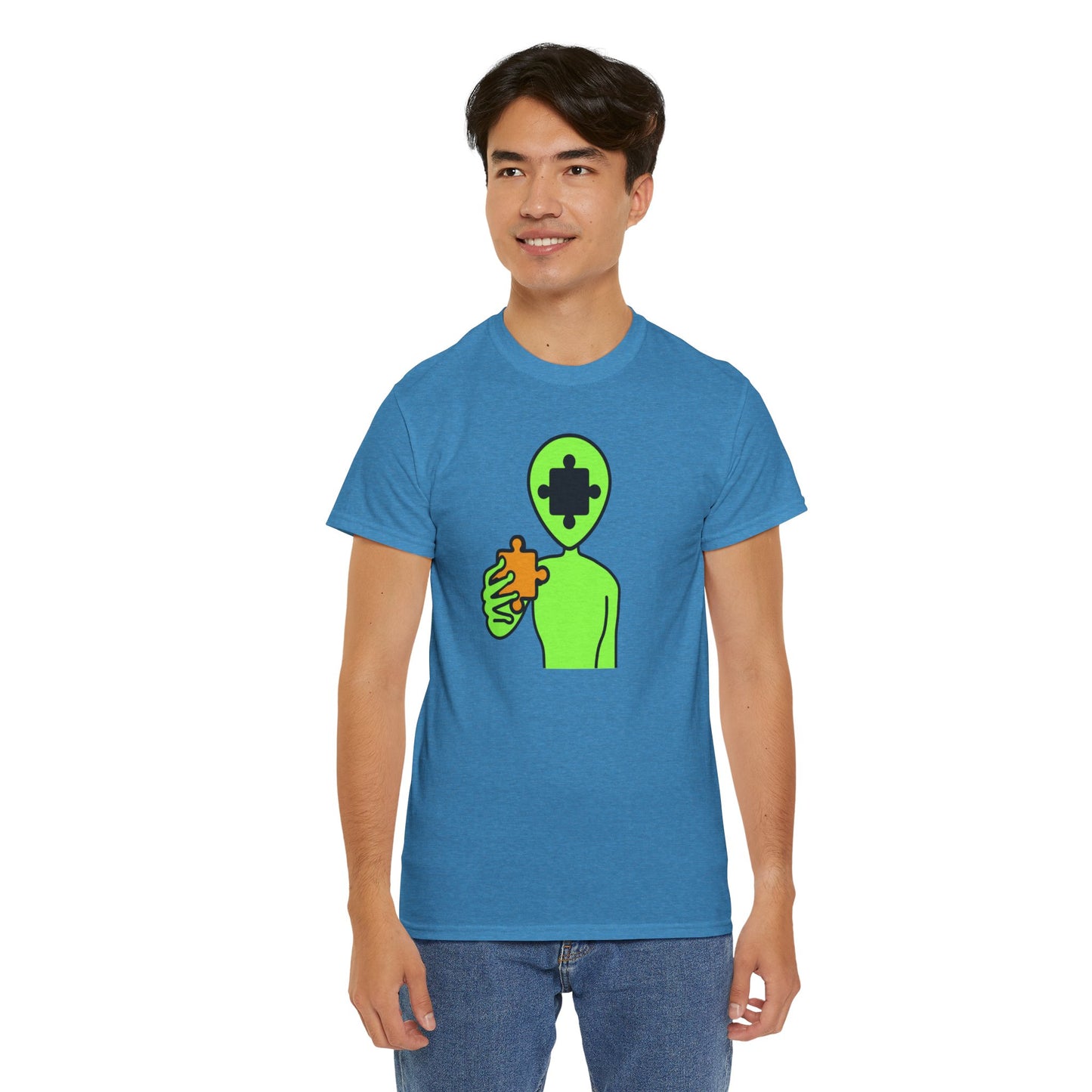 Alien Puzzle Piece T-Shirt – Clean Cosmic Design – Unisex Heavy Cotton Shirt for Life’s Mysteries