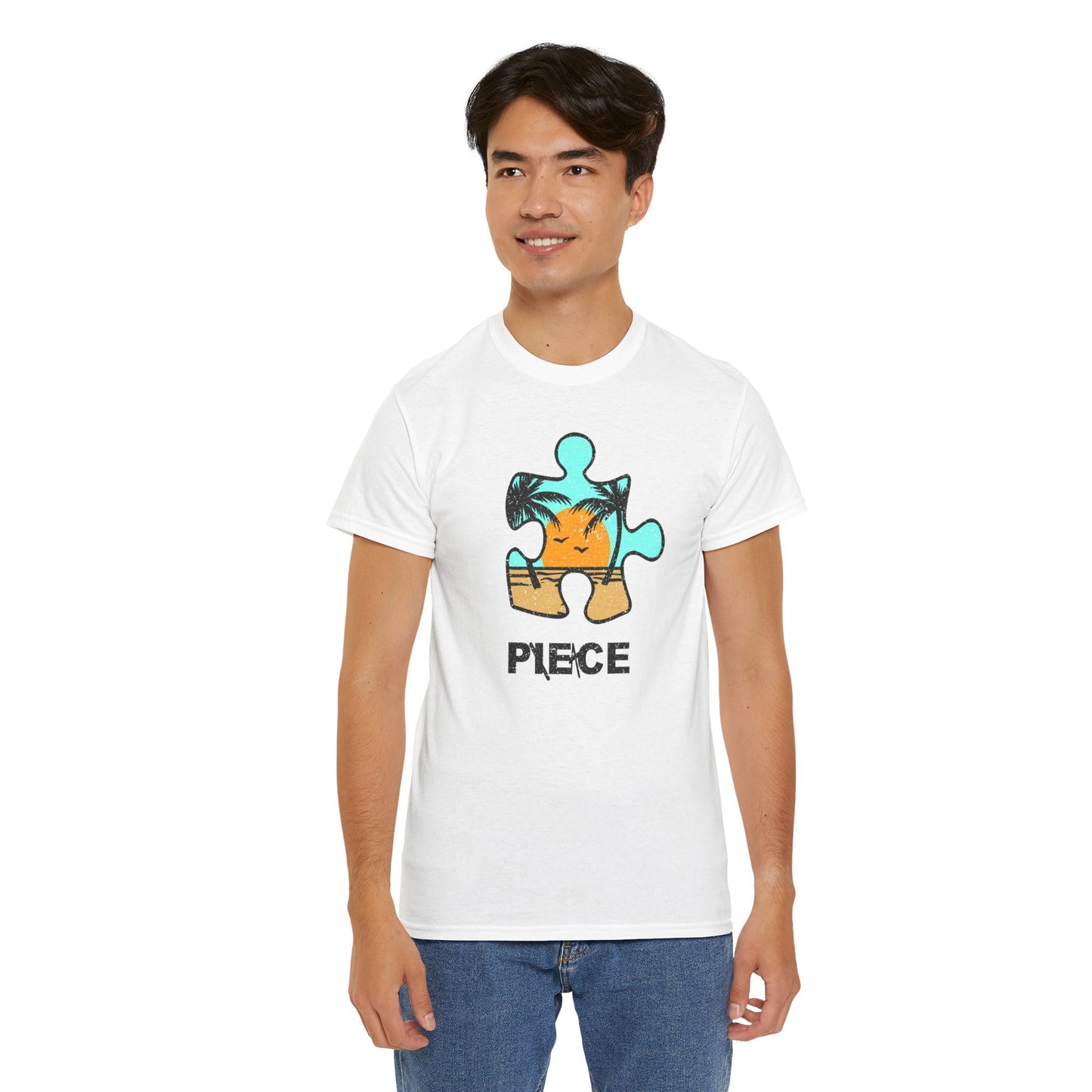 Peace Puzzle Piece T-Shirt – Distressed Beach Graphic Tee – Unisex Heavy Cotton Shirt for Tranquil Vibes