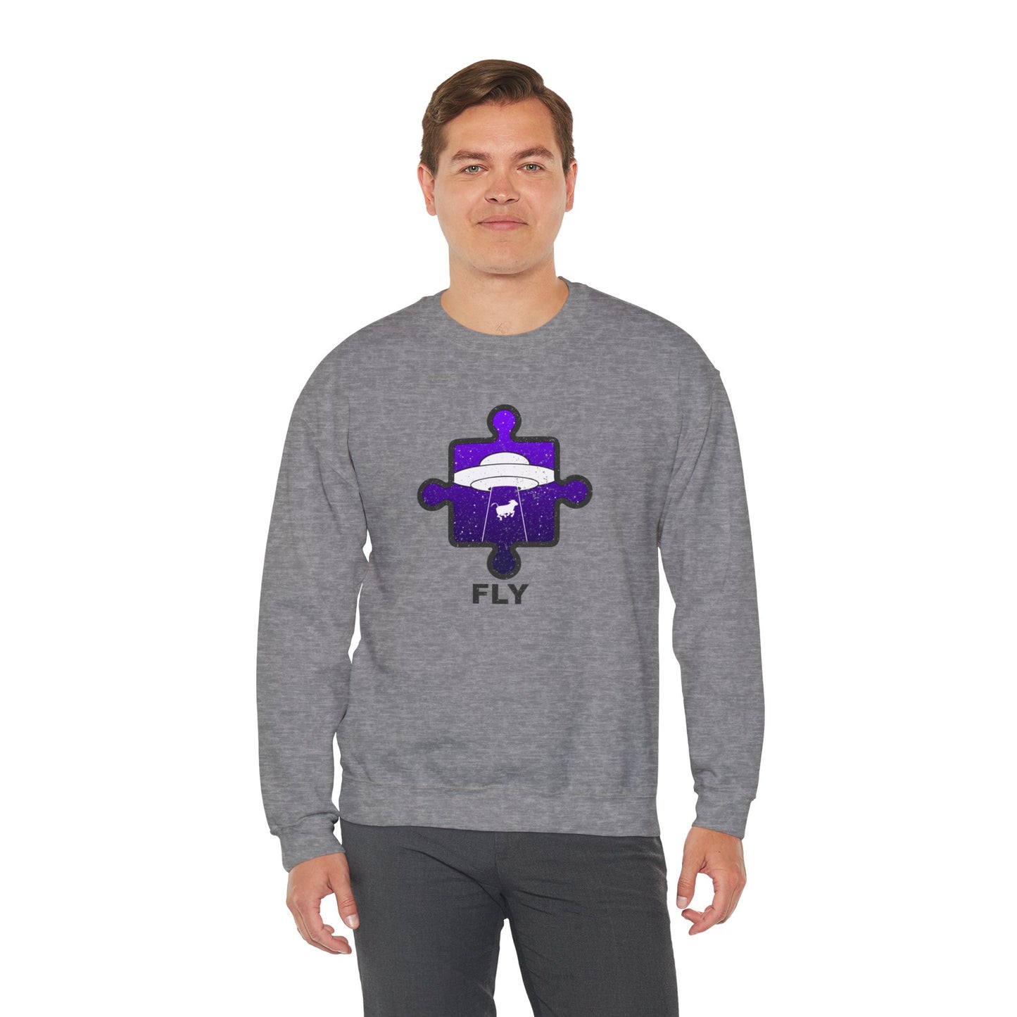 Distressed Crewneck Sweatshirt – Cow & UFO Puzzle Piece with ‘Fly’ Theme