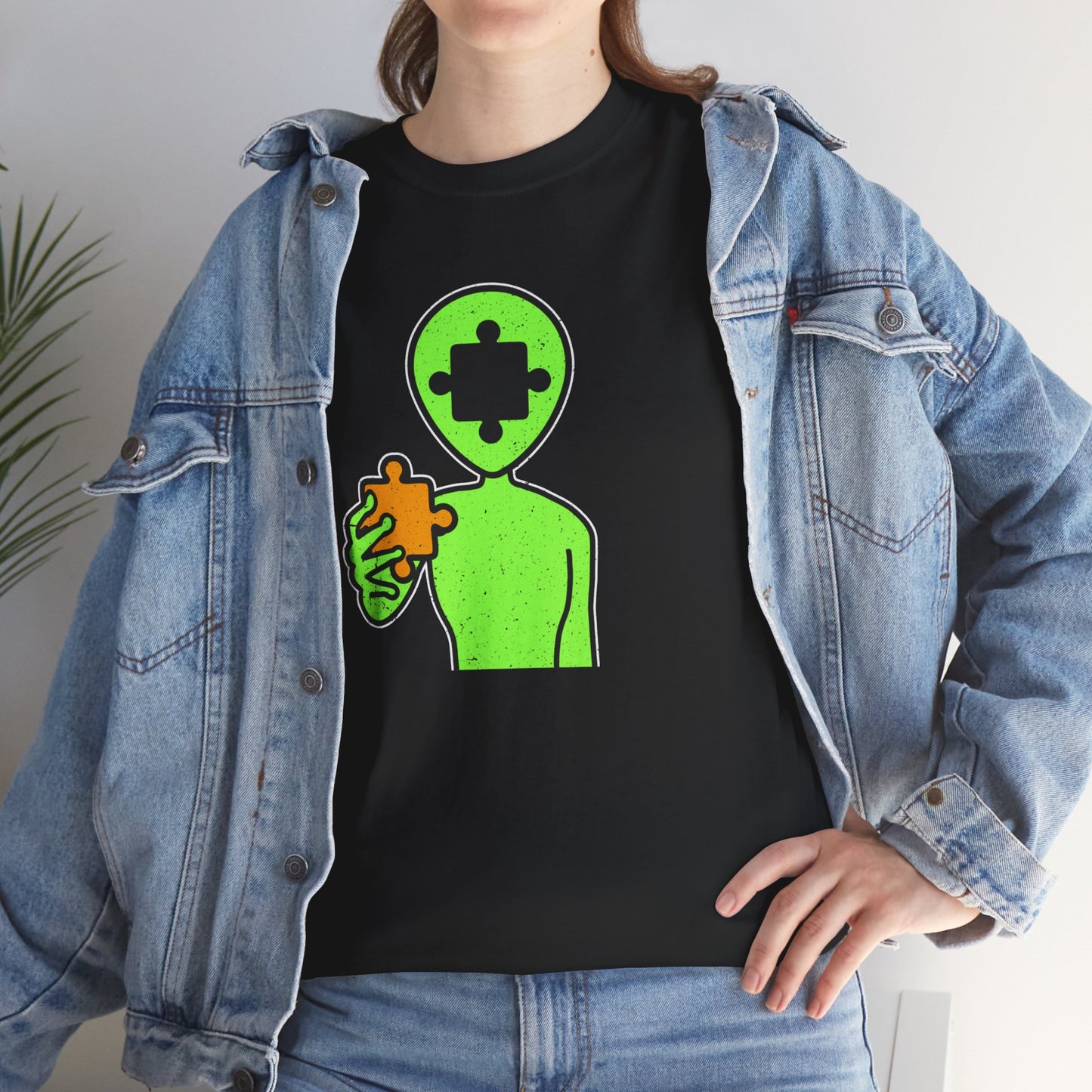 Alien Puzzle Piece T-Shirt – Distressed Cosmic Design – Unisex Heavy Cotton Shirt for Life’s Mysteries