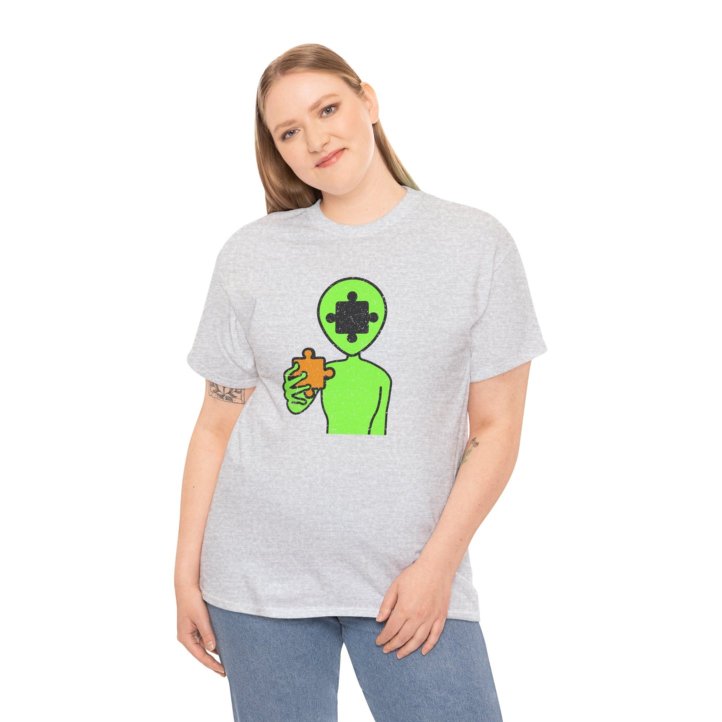 Alien Puzzle Piece T-Shirt – Distressed Cosmic Design – Unisex Heavy Cotton Shirt for Life’s Mysteries