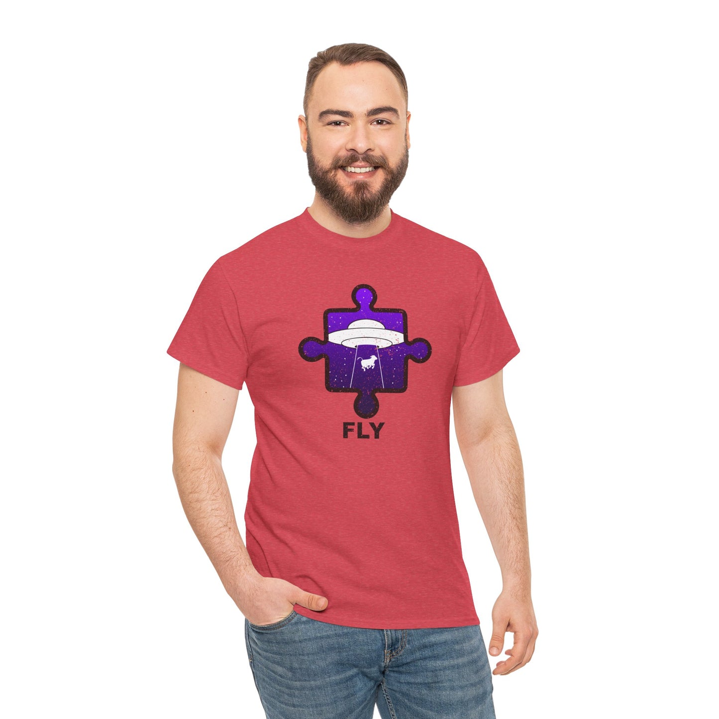 UFO Cow Abduction T-Shirt – ‘Fly’ Puzzle Piece Graphic Tee – Unisex Heavy Cotton Shirt Distressed Design