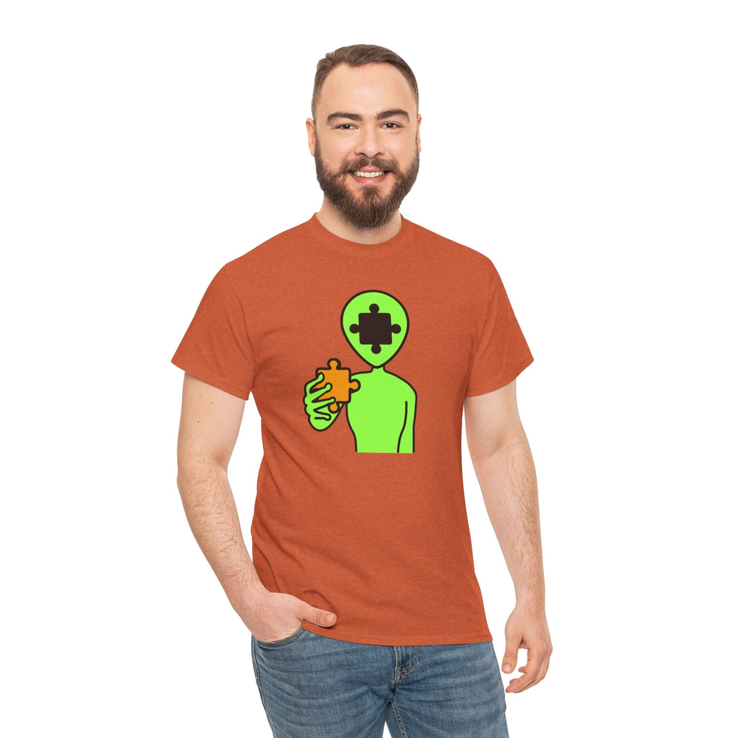 Alien Puzzle Piece T-Shirt – Clean Cosmic Design – Unisex Heavy Cotton Shirt for Life’s Mysteries