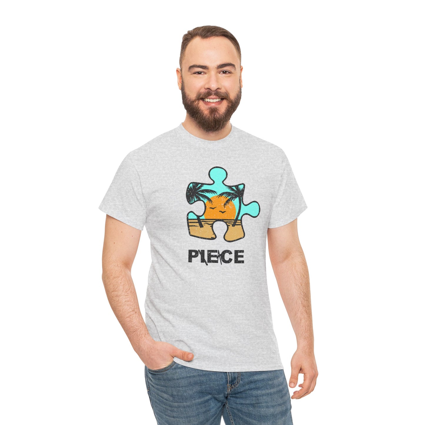 Peace Puzzle Piece T-Shirt – Distressed Beach Graphic Tee – Unisex Heavy Cotton Shirt for Tranquil Vibes